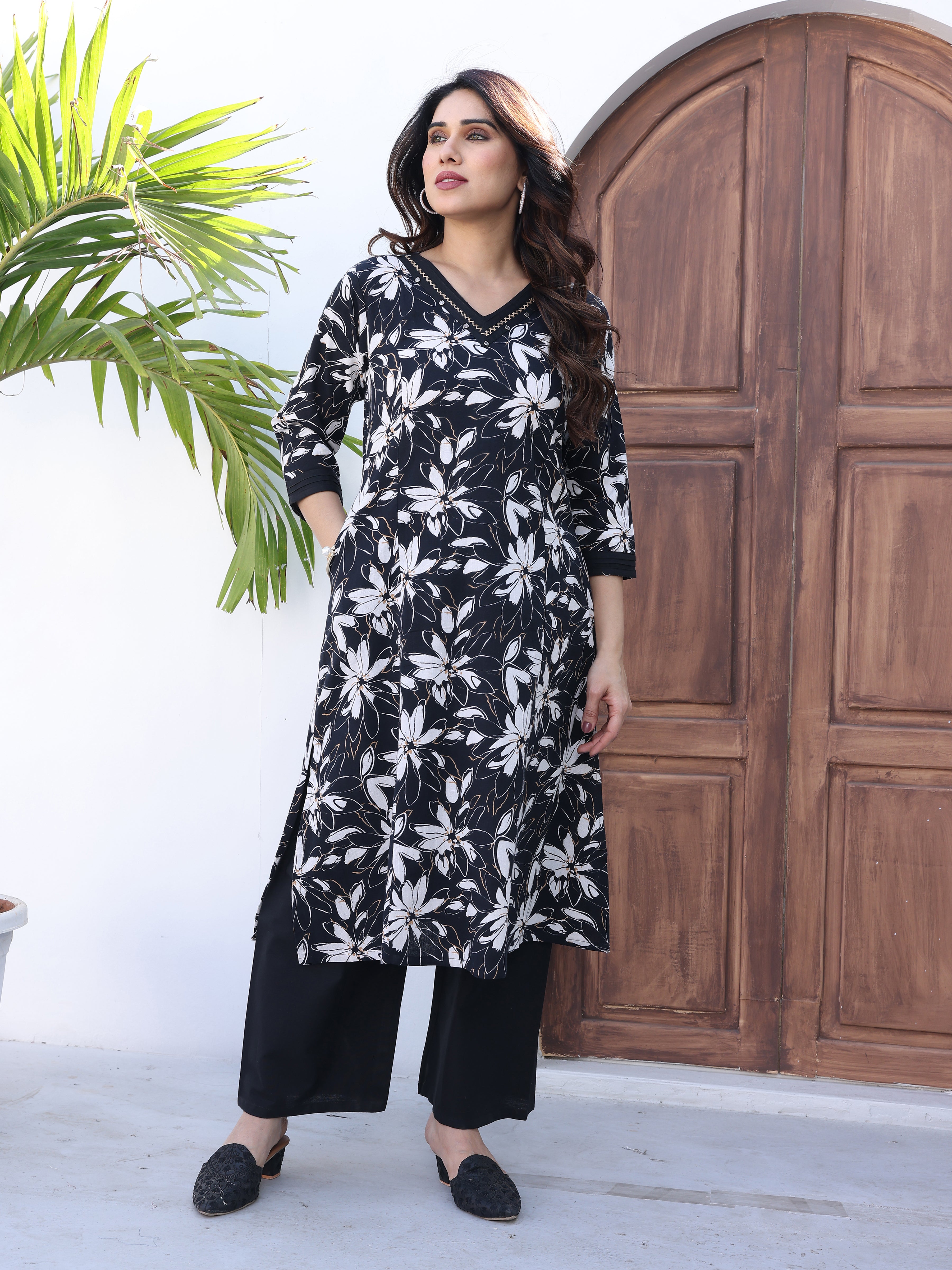Black Floral Printed Cotton Kurta Palazzo Set