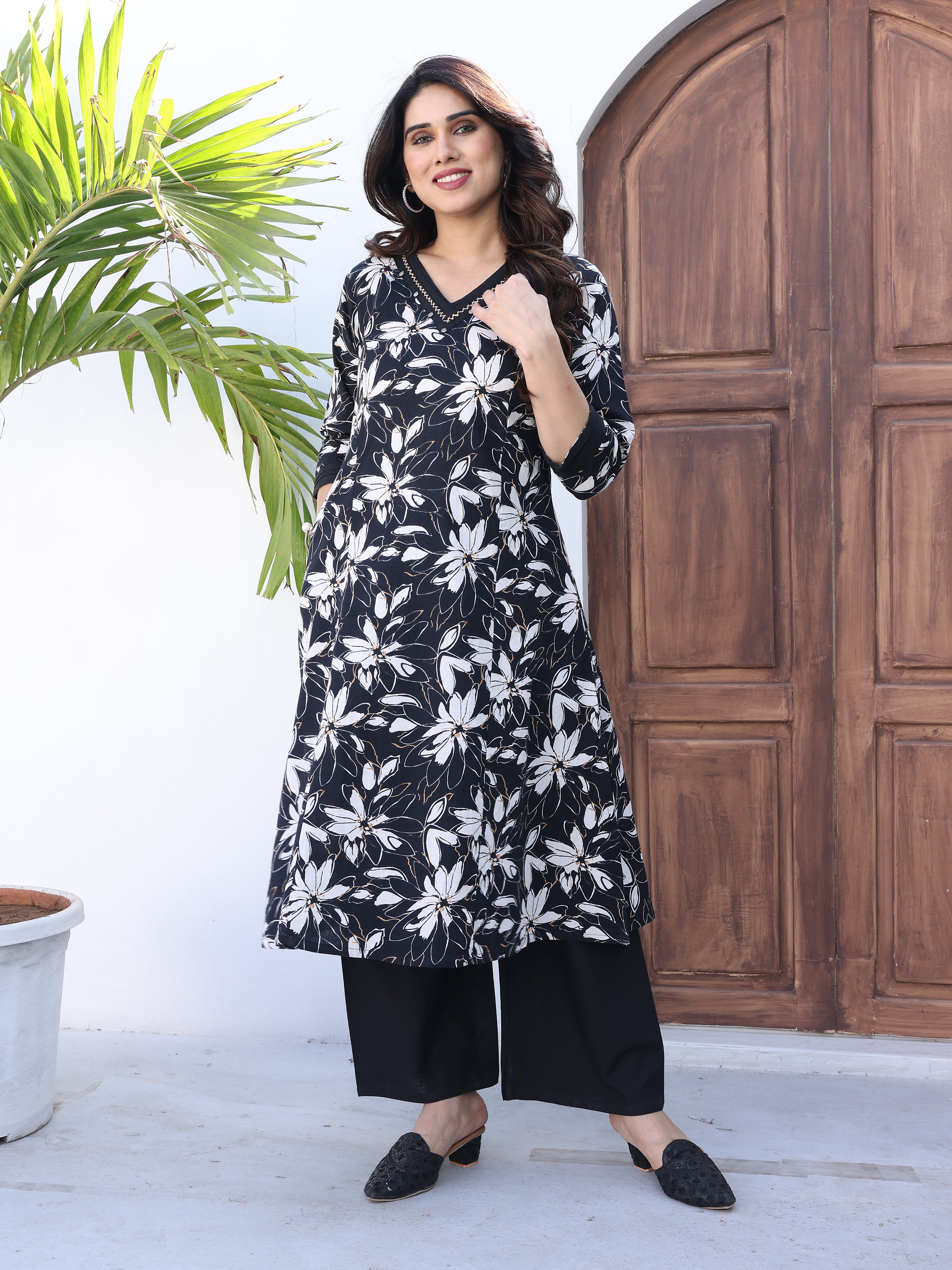 Black Floral Printed Cotton Kurta Palazzo Set