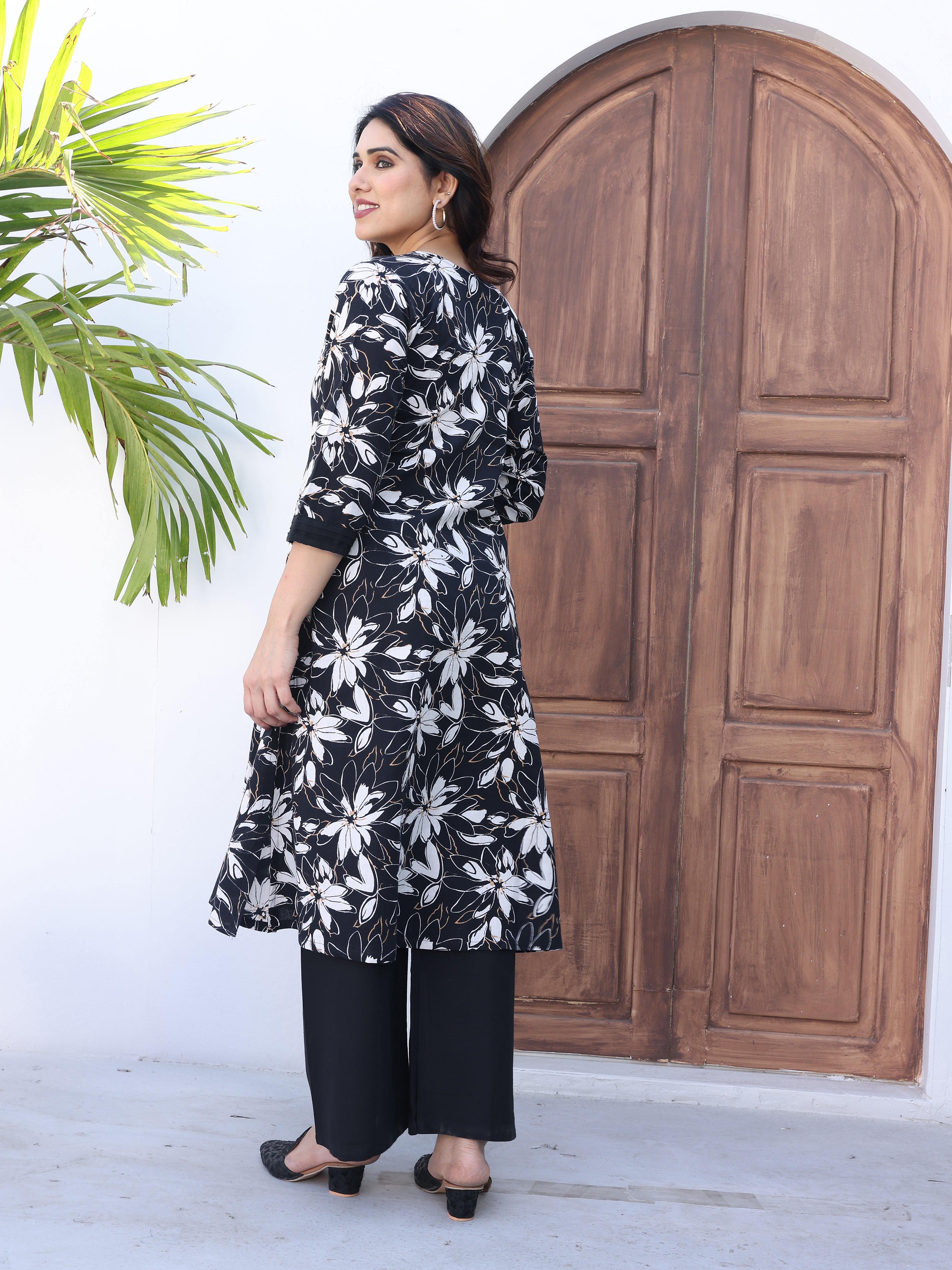 Black Floral Printed Cotton Kurta Palazzo Set