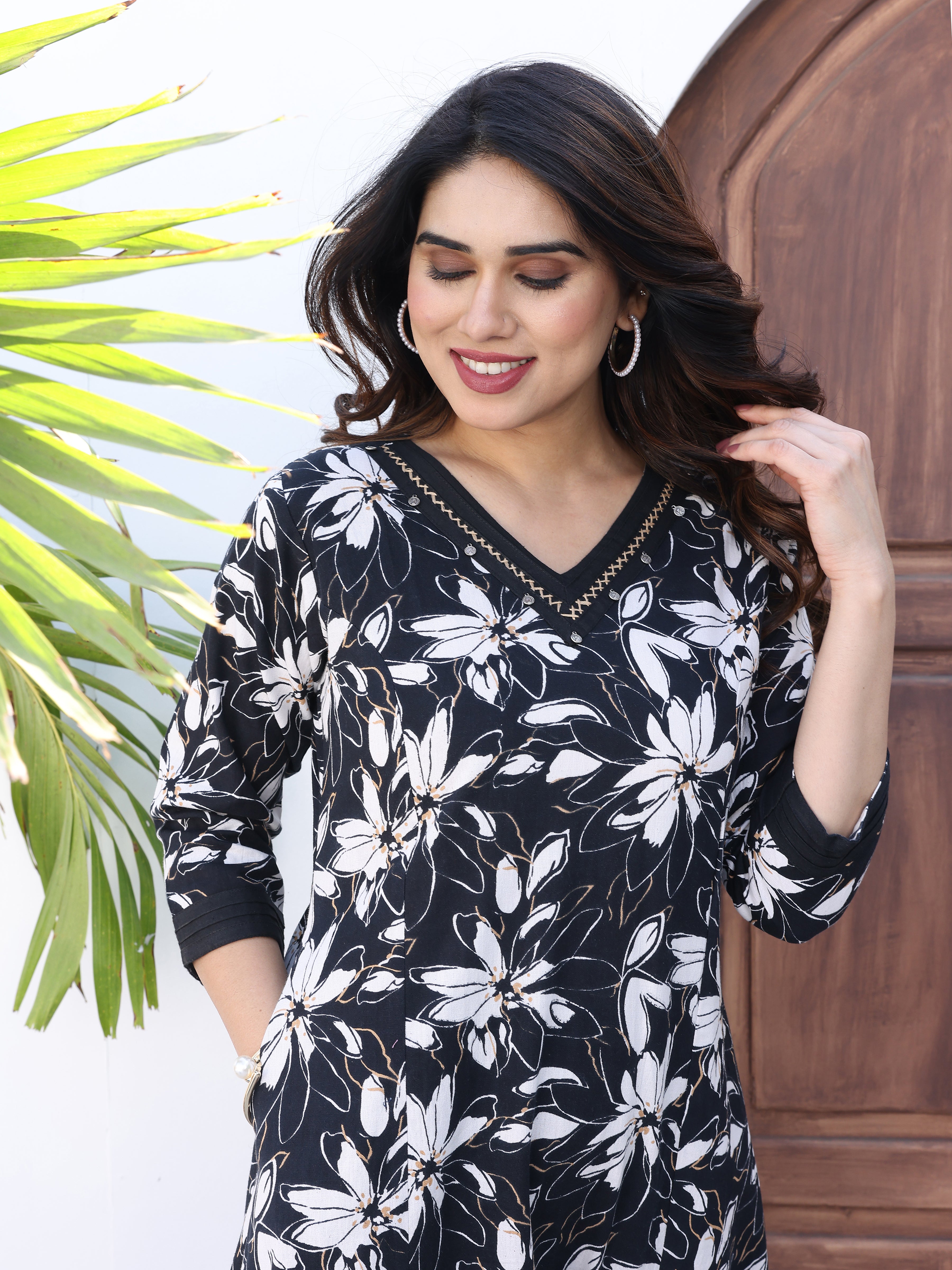Black Floral Printed Cotton Kurta Palazzo Set