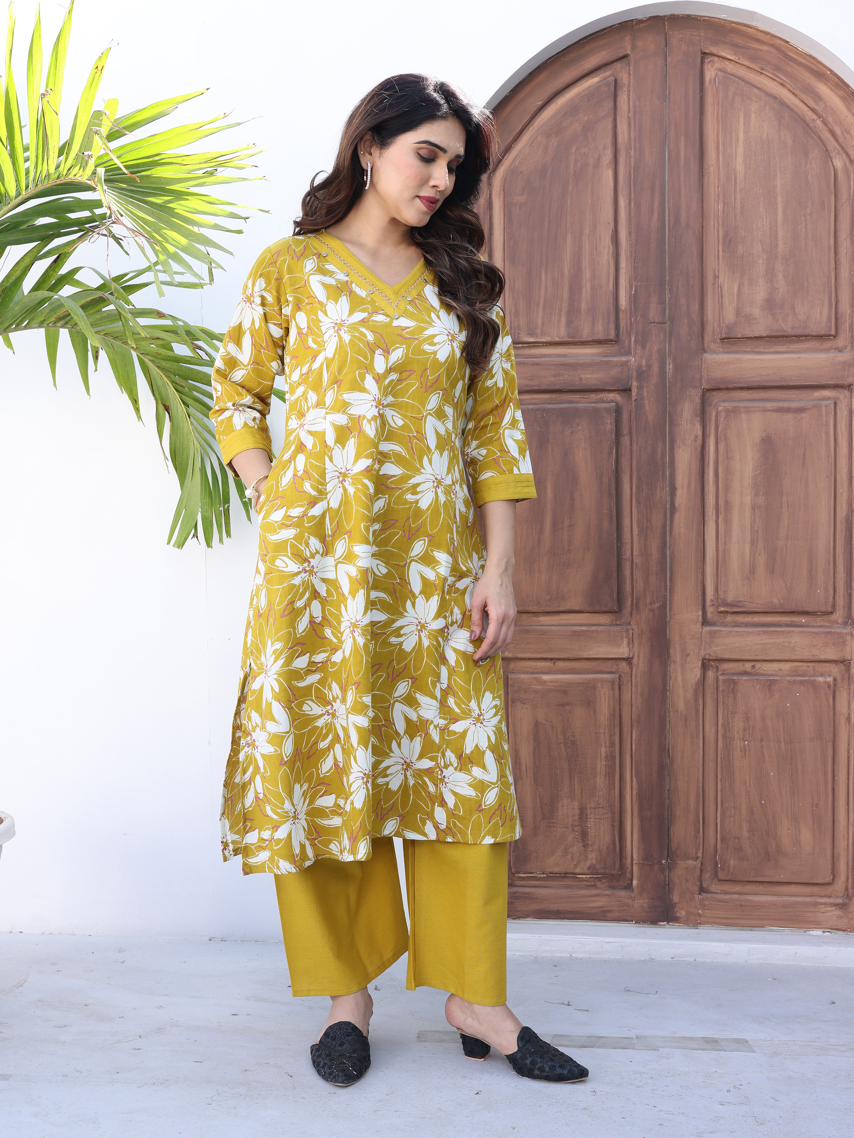 Mustard Yellow Floral Printed Cotton Kurta Palazzo Set
