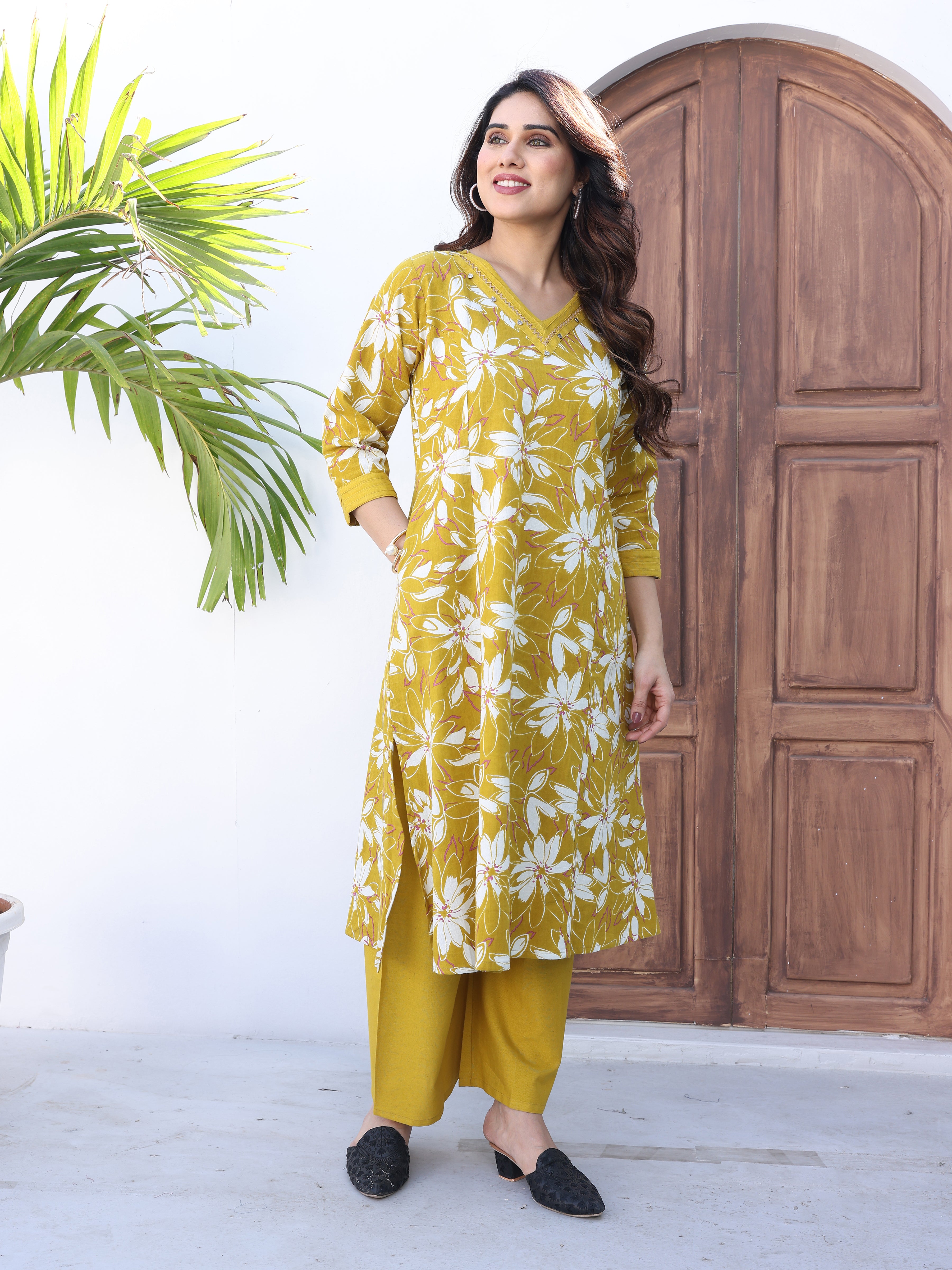 Mustard Yellow Floral Printed Cotton Kurta Palazzo Set