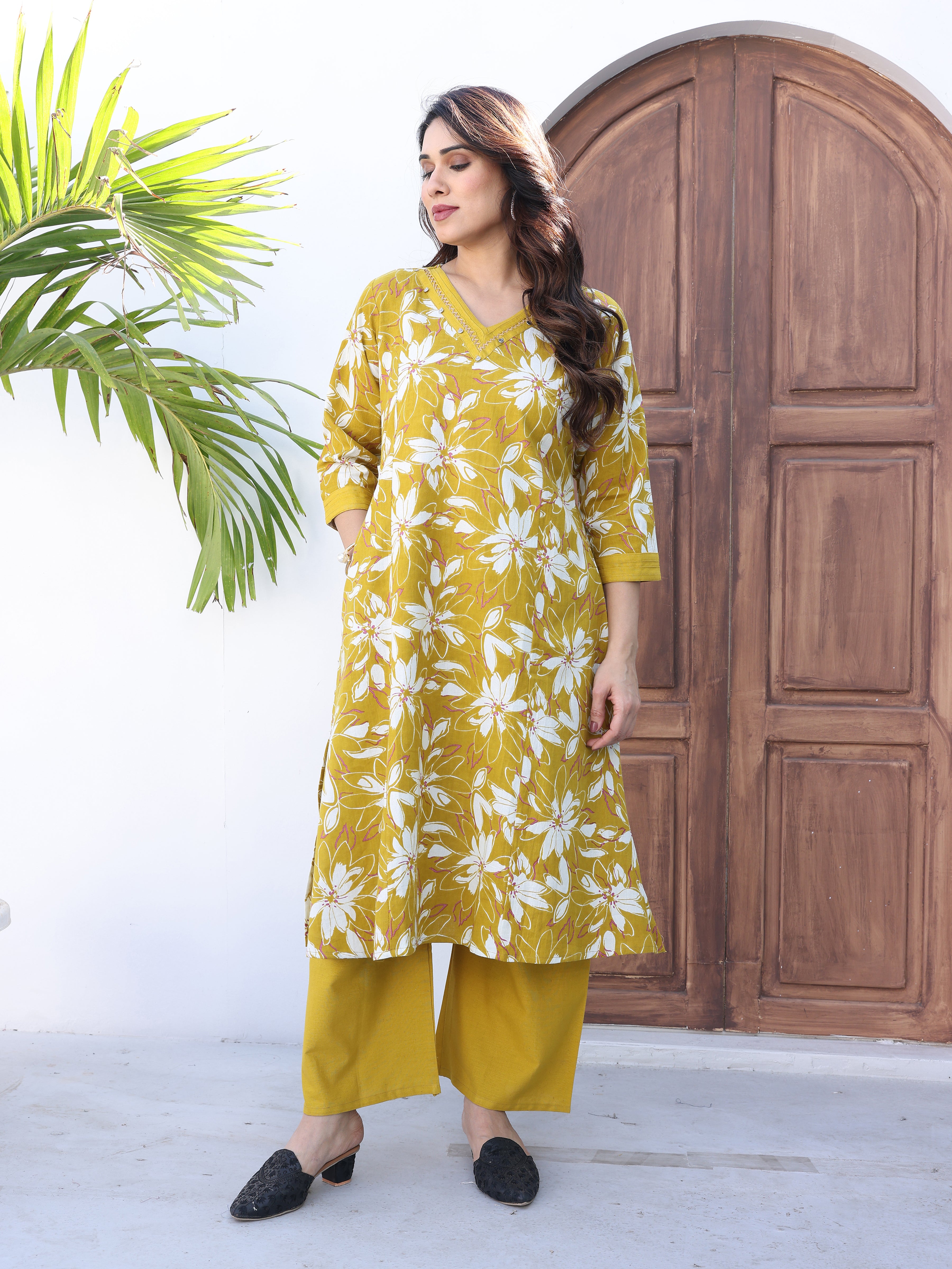 Mustard Yellow Floral Printed Cotton Kurta Palazzo Set