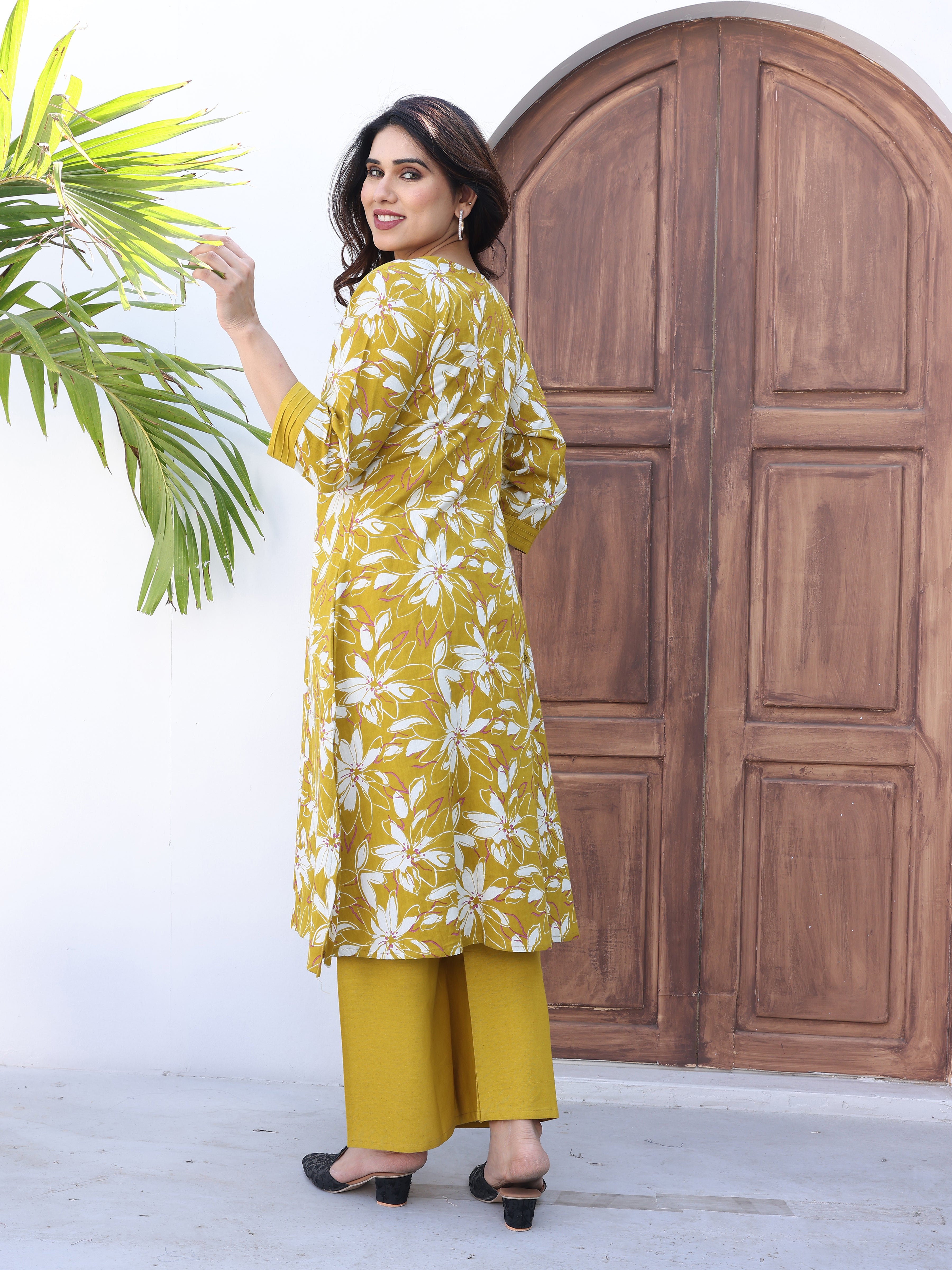 Mustard Yellow Floral Printed Cotton Kurta Palazzo Set