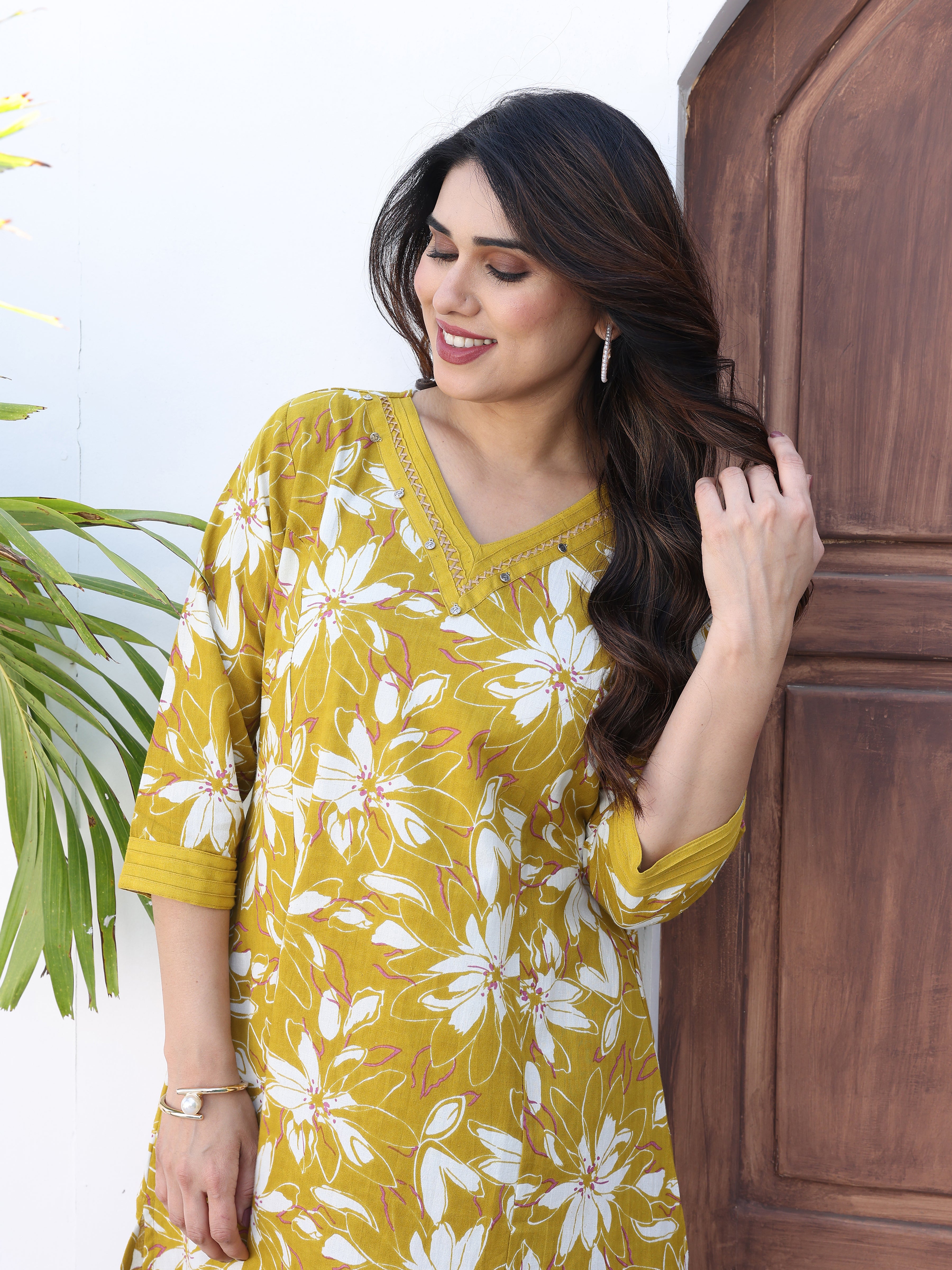 Mustard Yellow Floral Printed Cotton Kurta Palazzo Set