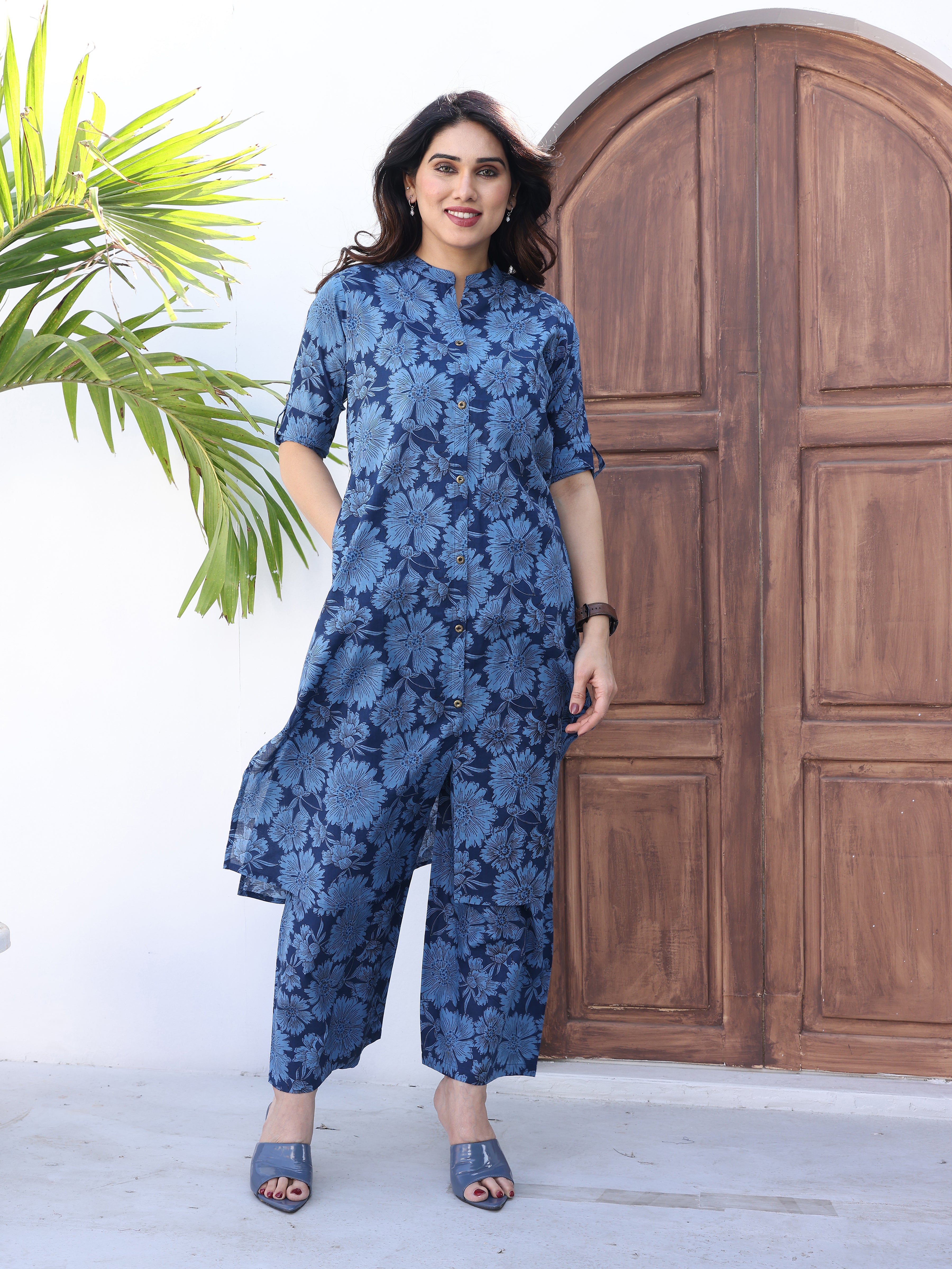 Blue Floral Printed Cotton Kurta Palazzo Set