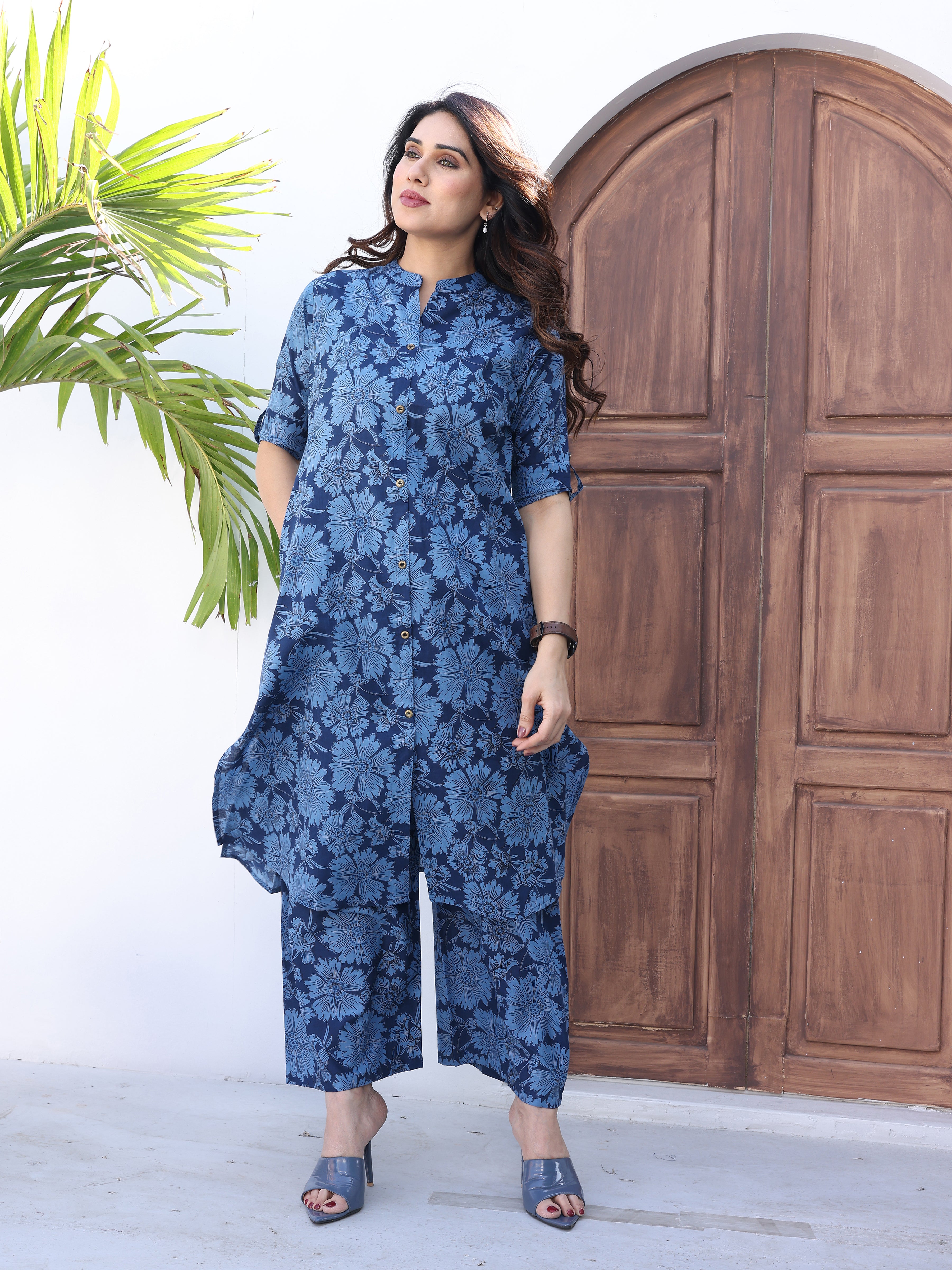 Blue Floral Printed Cotton Kurta Palazzo Set