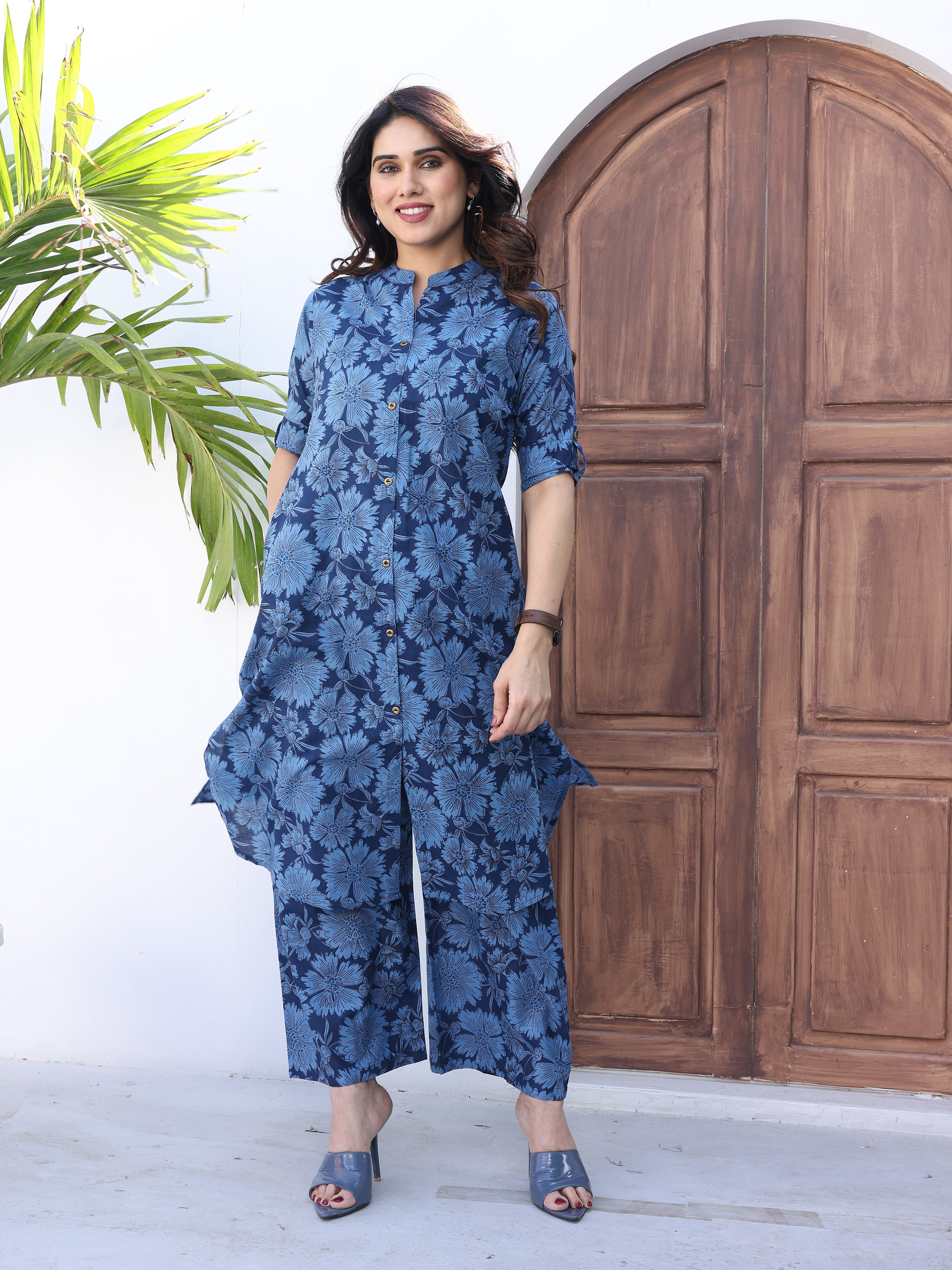 Blue Floral Printed Cotton Kurta Palazzo Set