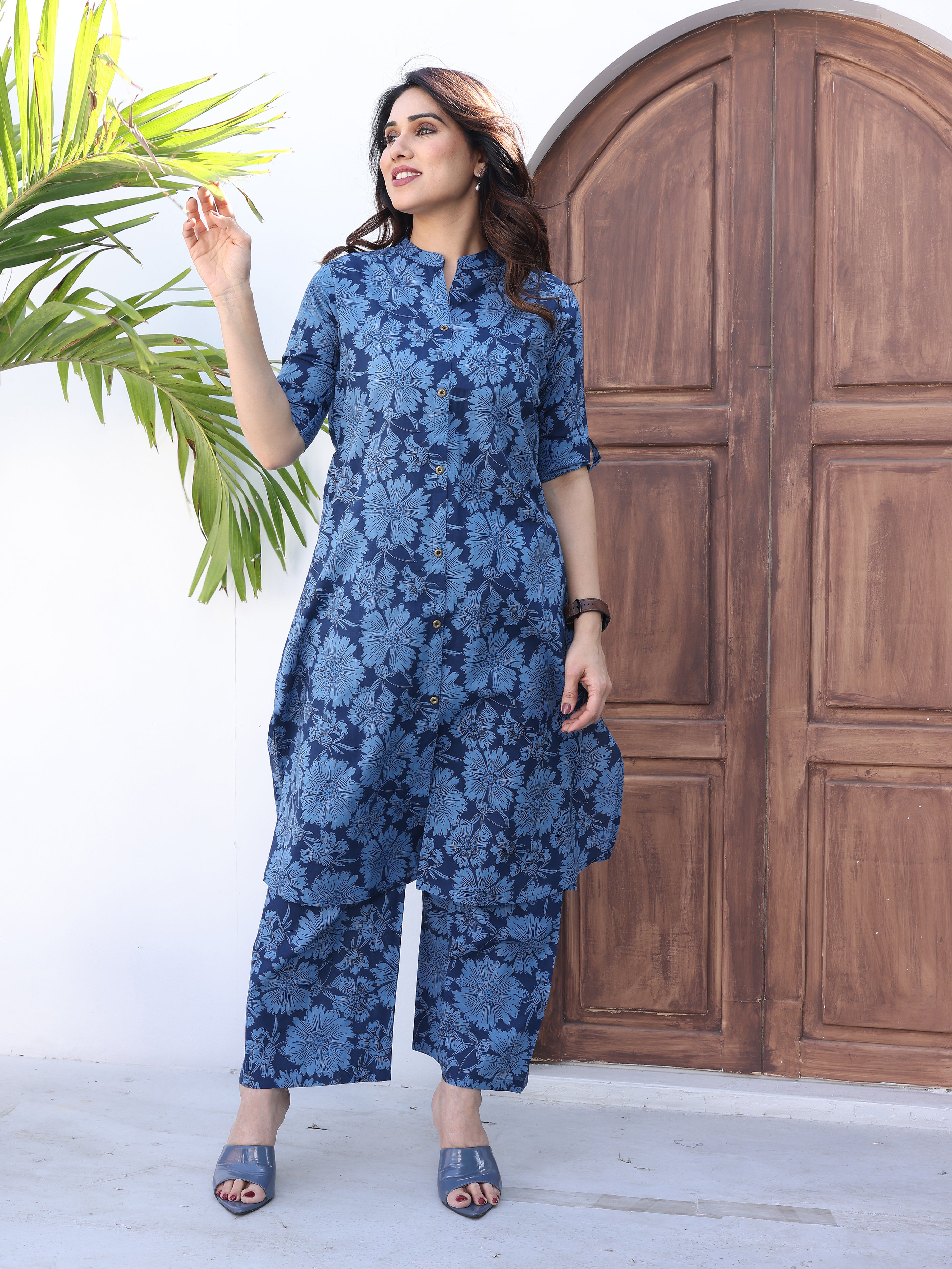 Blue Floral Printed Cotton Kurta Palazzo Set