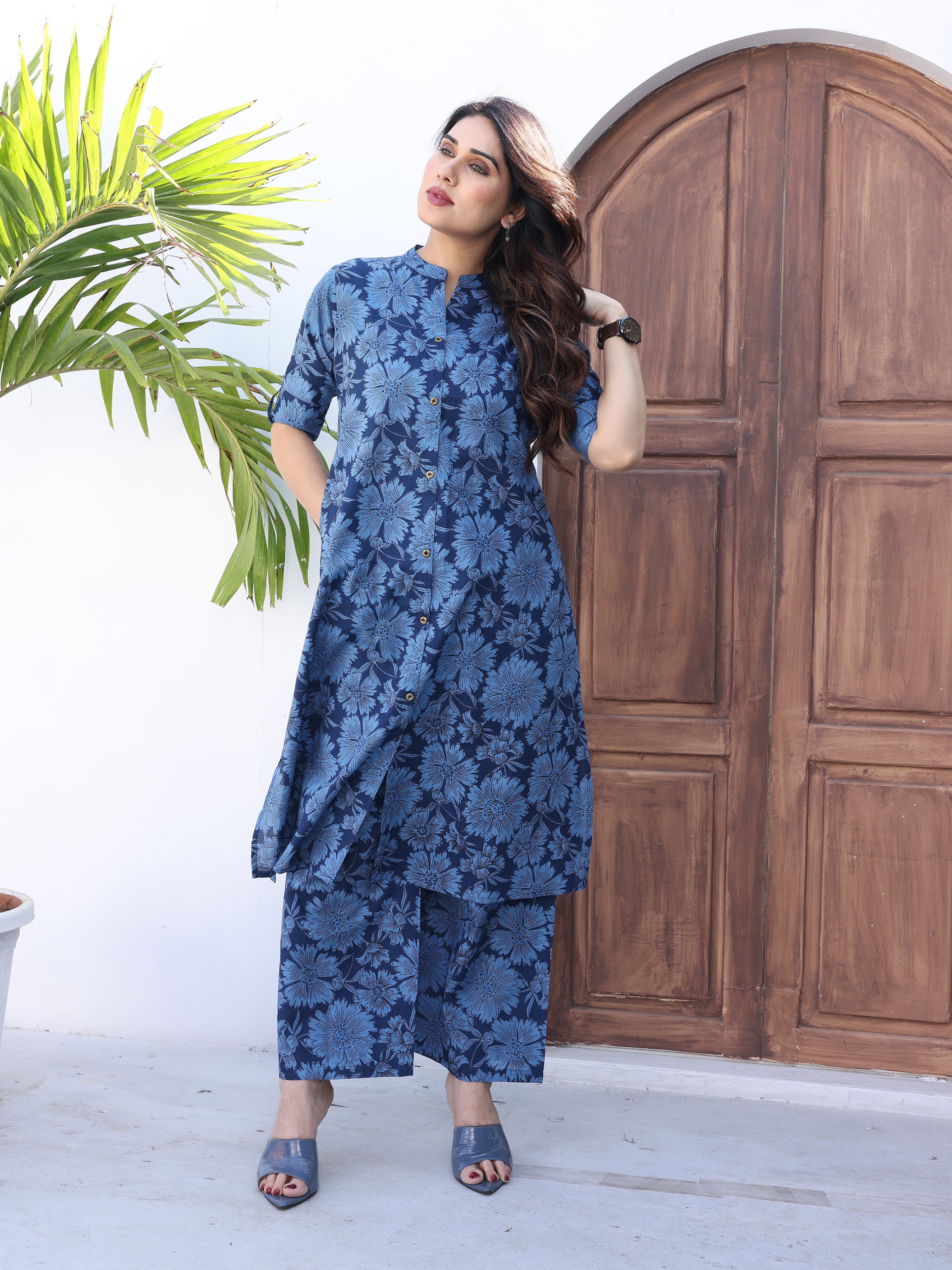 Blue Floral Printed Cotton Kurta Palazzo Set