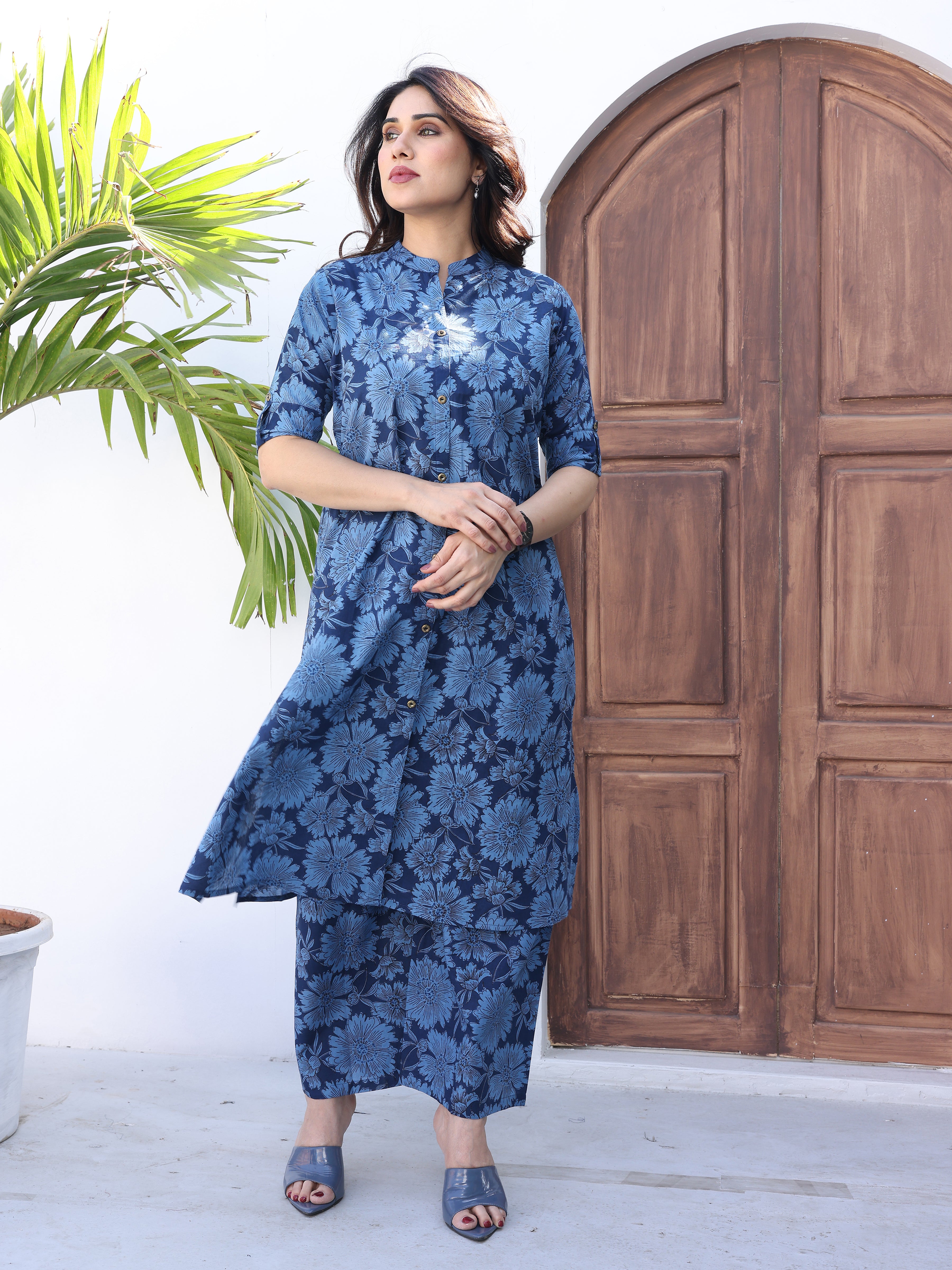 Blue Floral Printed Cotton Kurta Palazzo Set