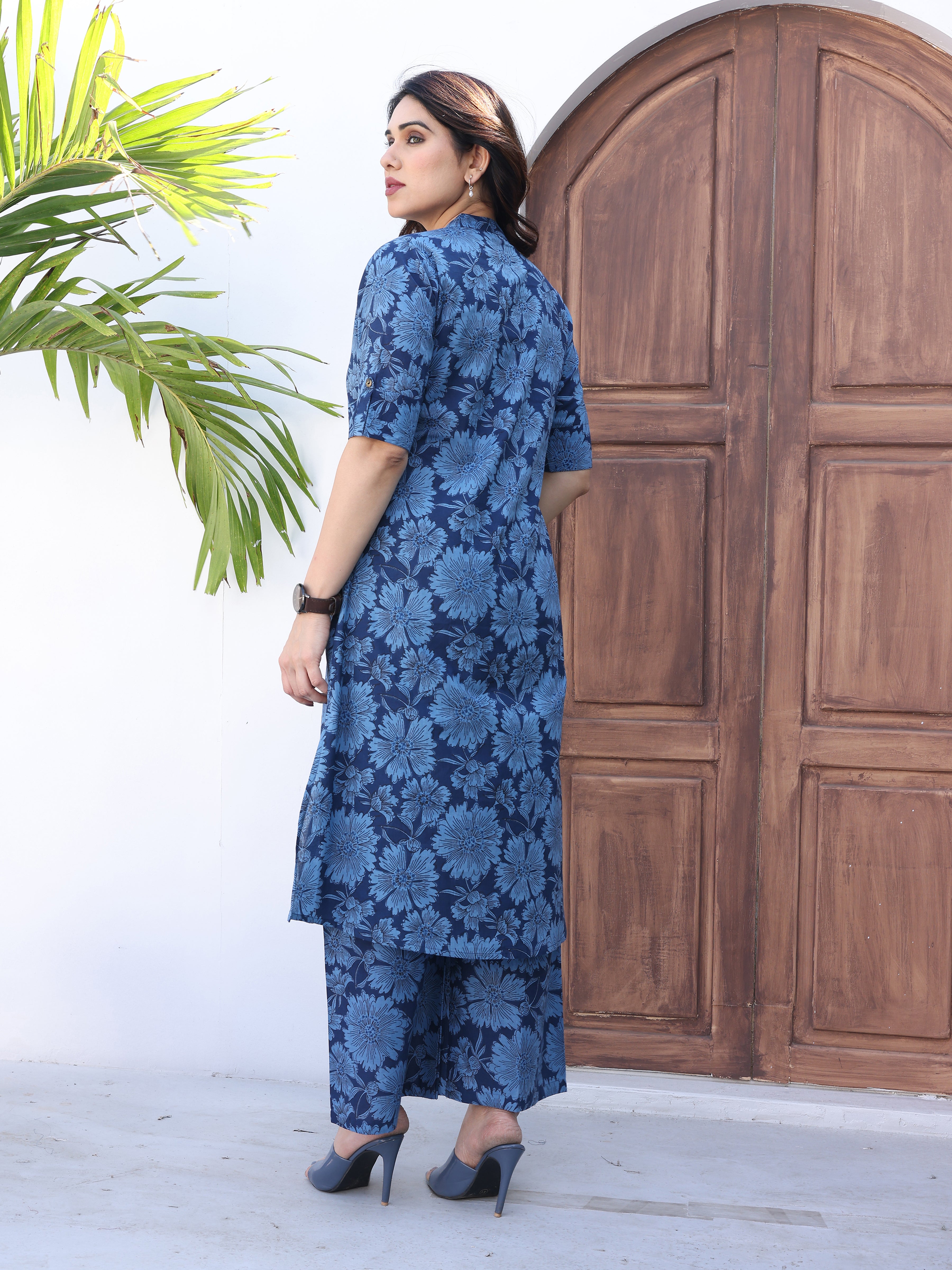 Blue Floral Printed Cotton Kurta Palazzo Set