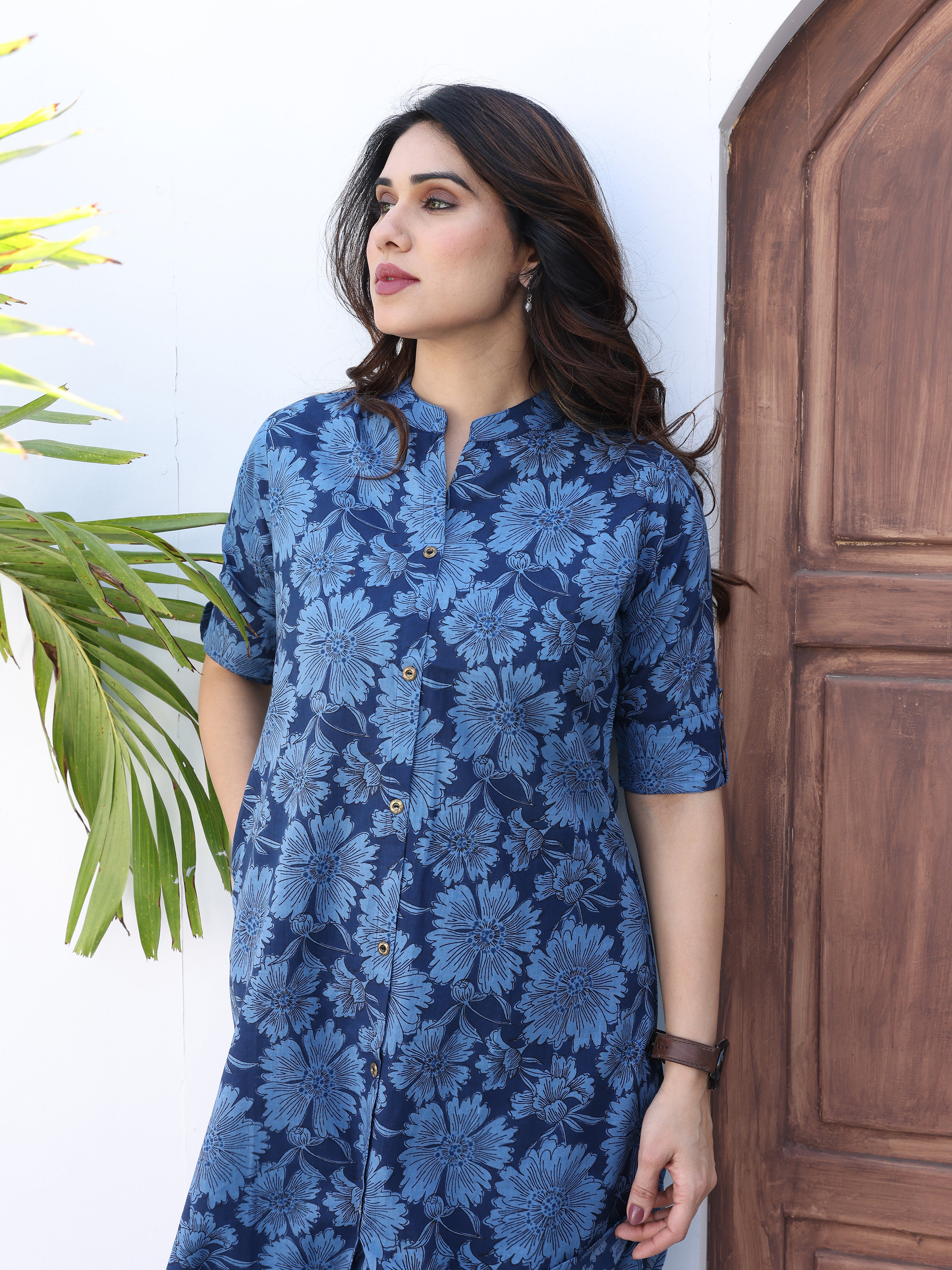 Blue Floral Printed Cotton Kurta Palazzo Set