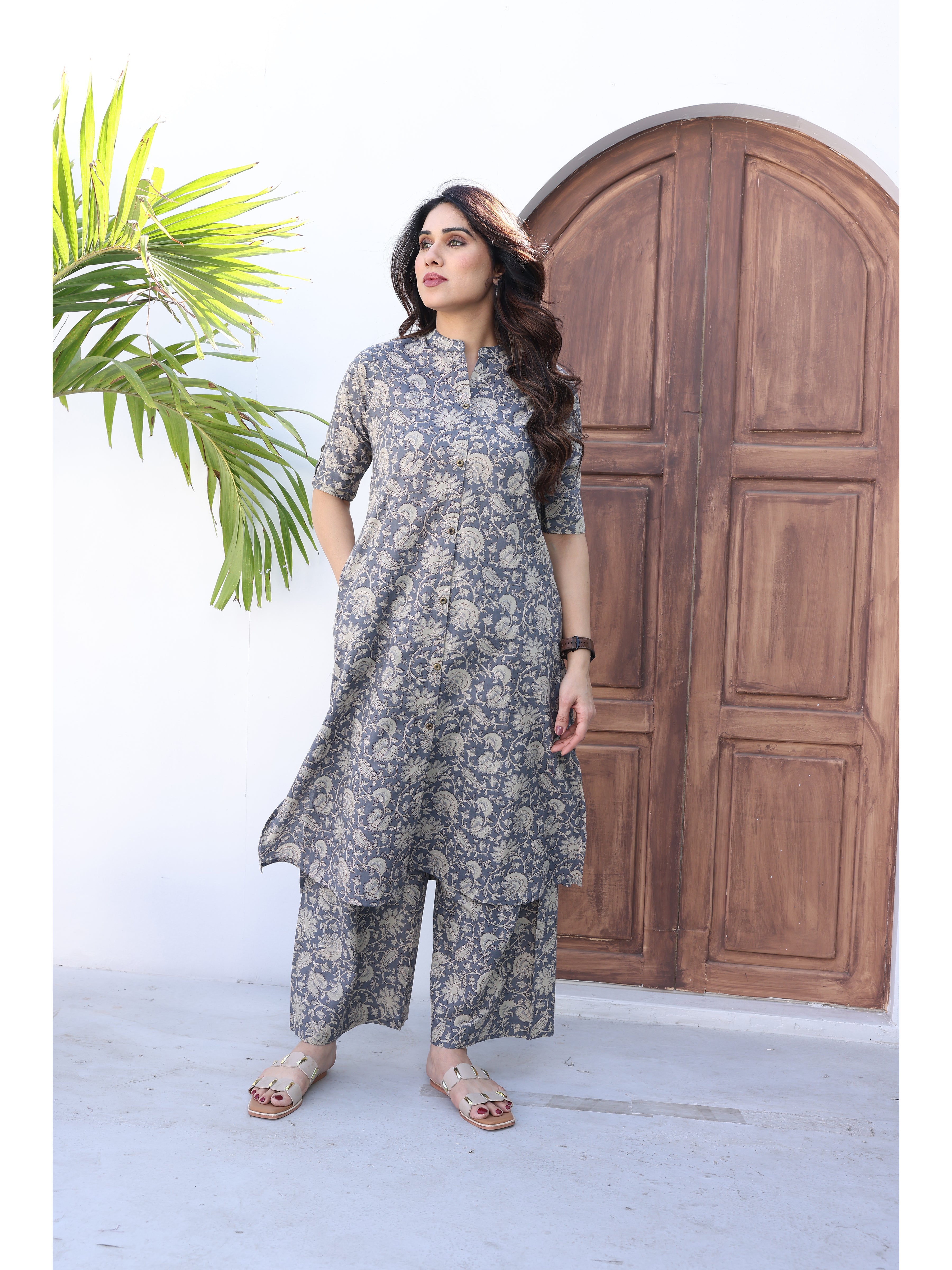 Grey Ethnic Floral Printed Cotton Kurta Palazzo Set