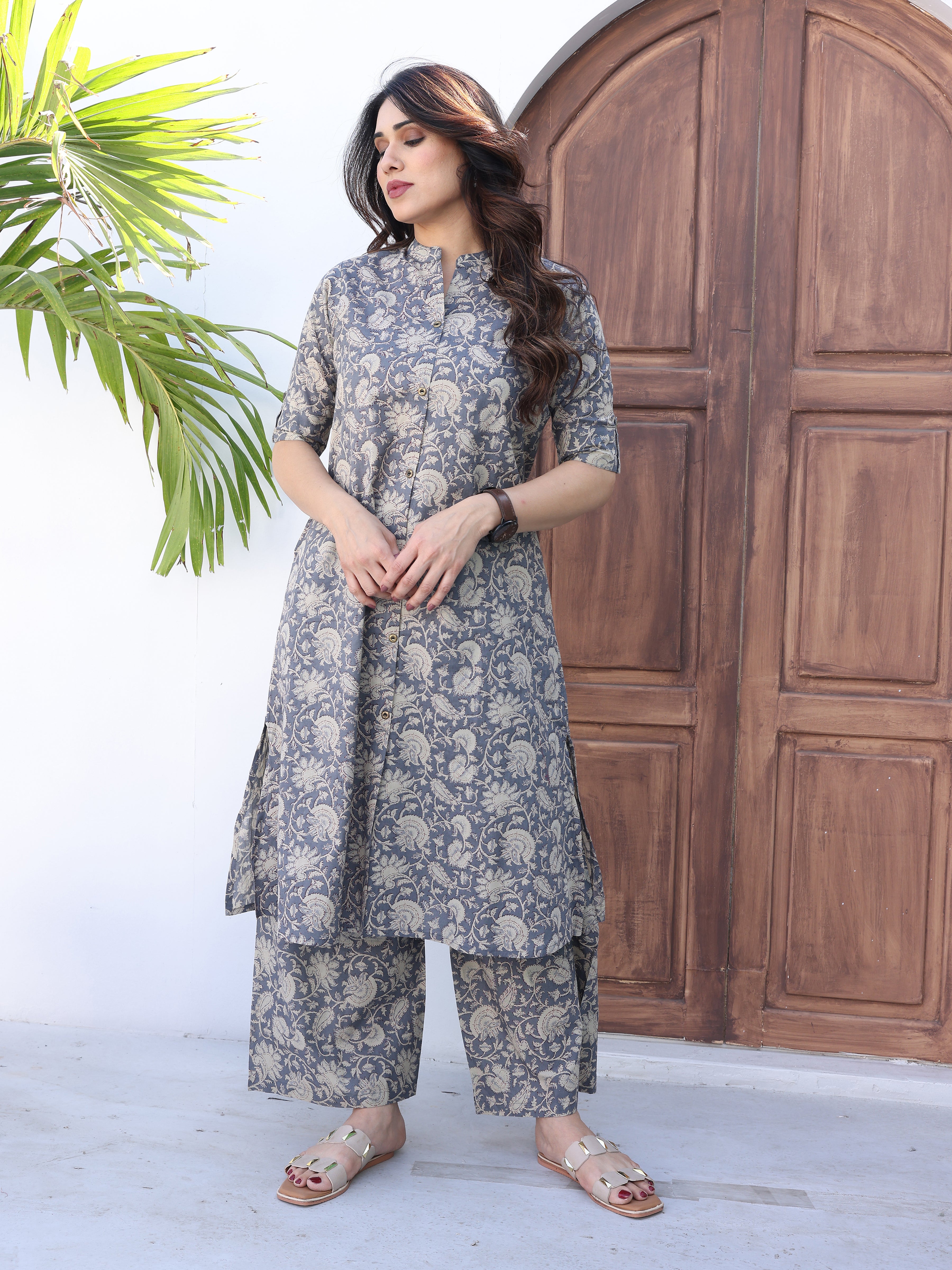 Grey Ethnic Floral Printed Cotton Kurta Palazzo Set