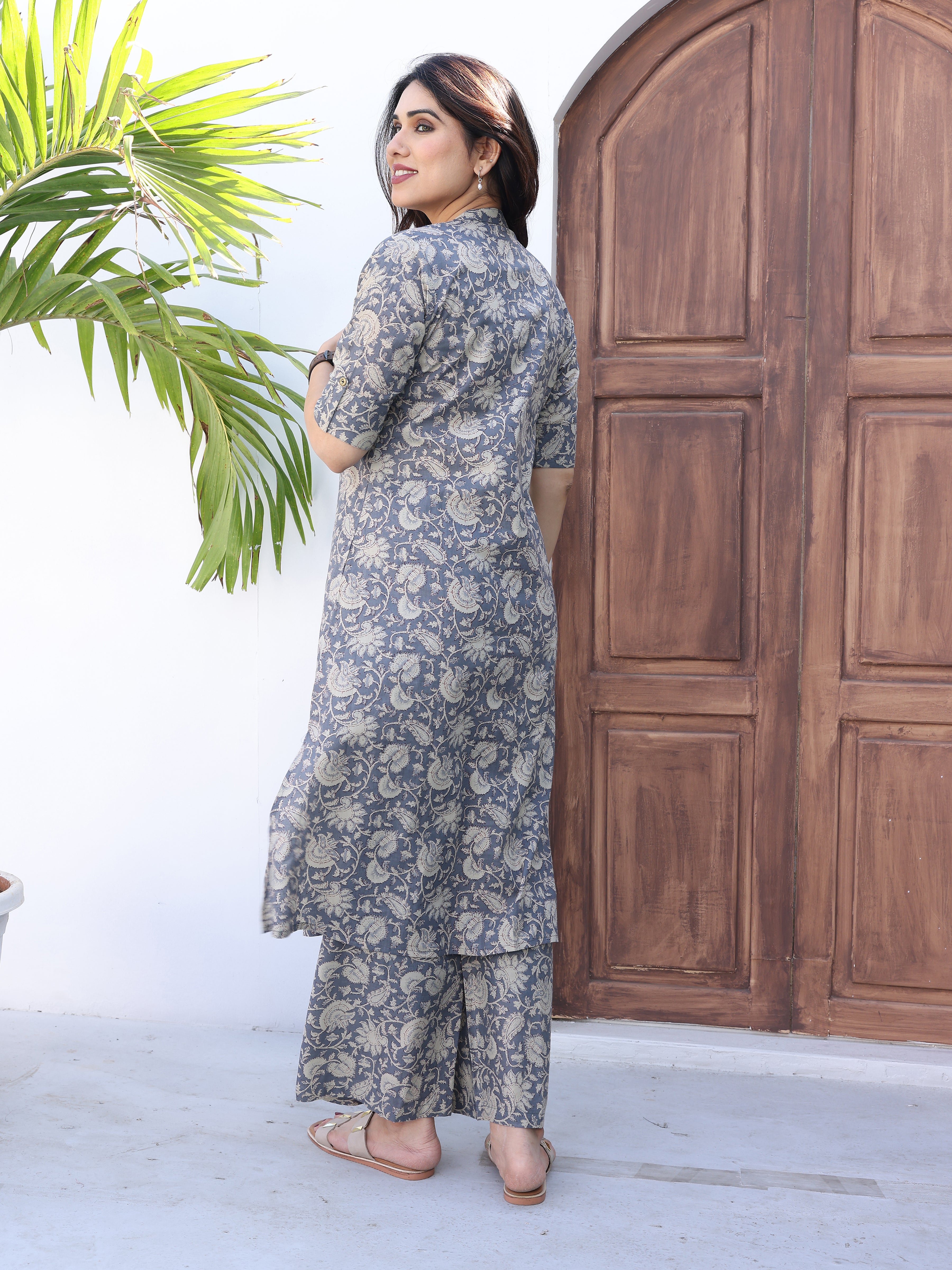 Grey Ethnic Floral Printed Cotton Kurta Palazzo Set