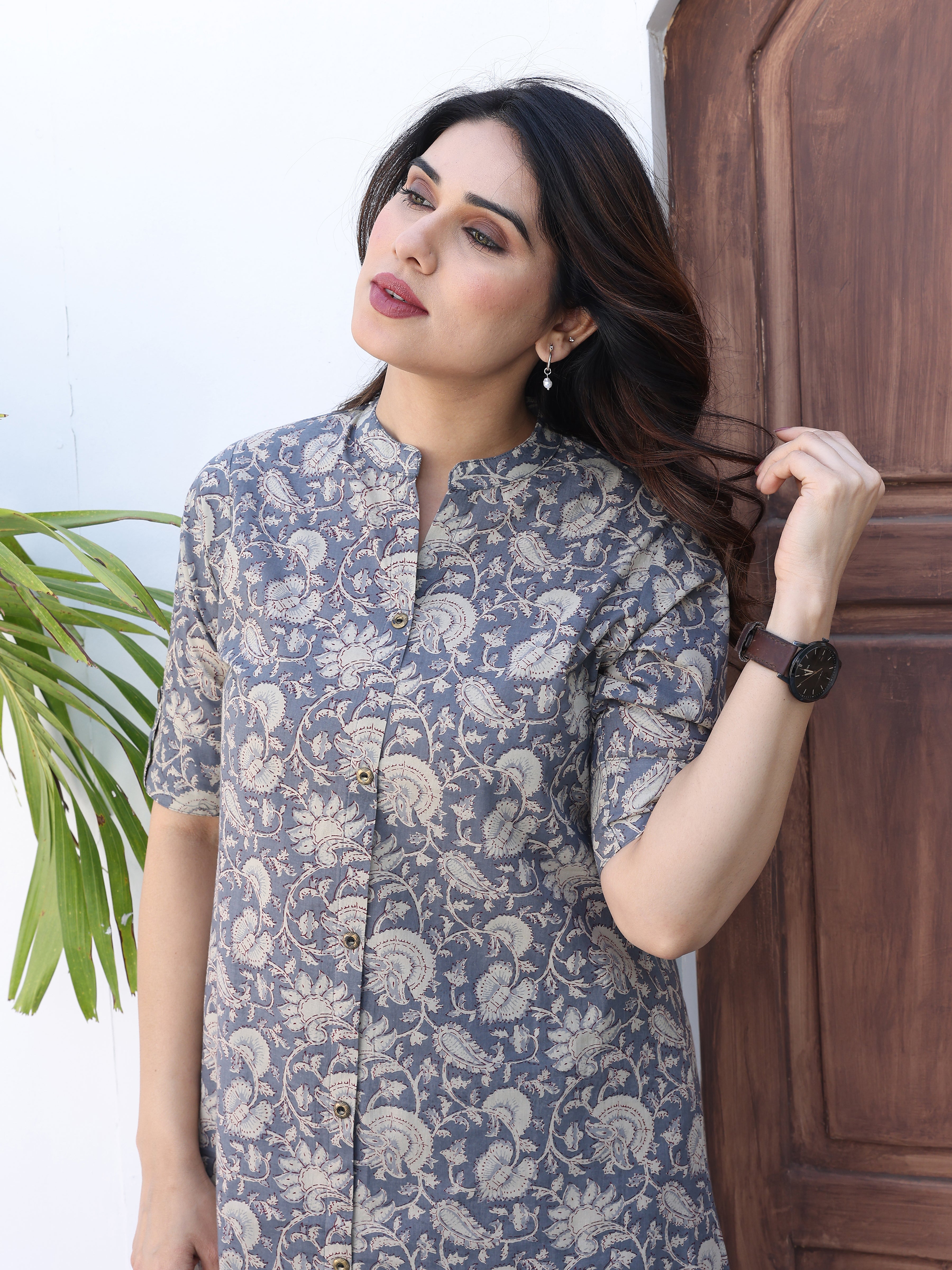 Grey Ethnic Floral Printed Cotton Kurta Palazzo Set