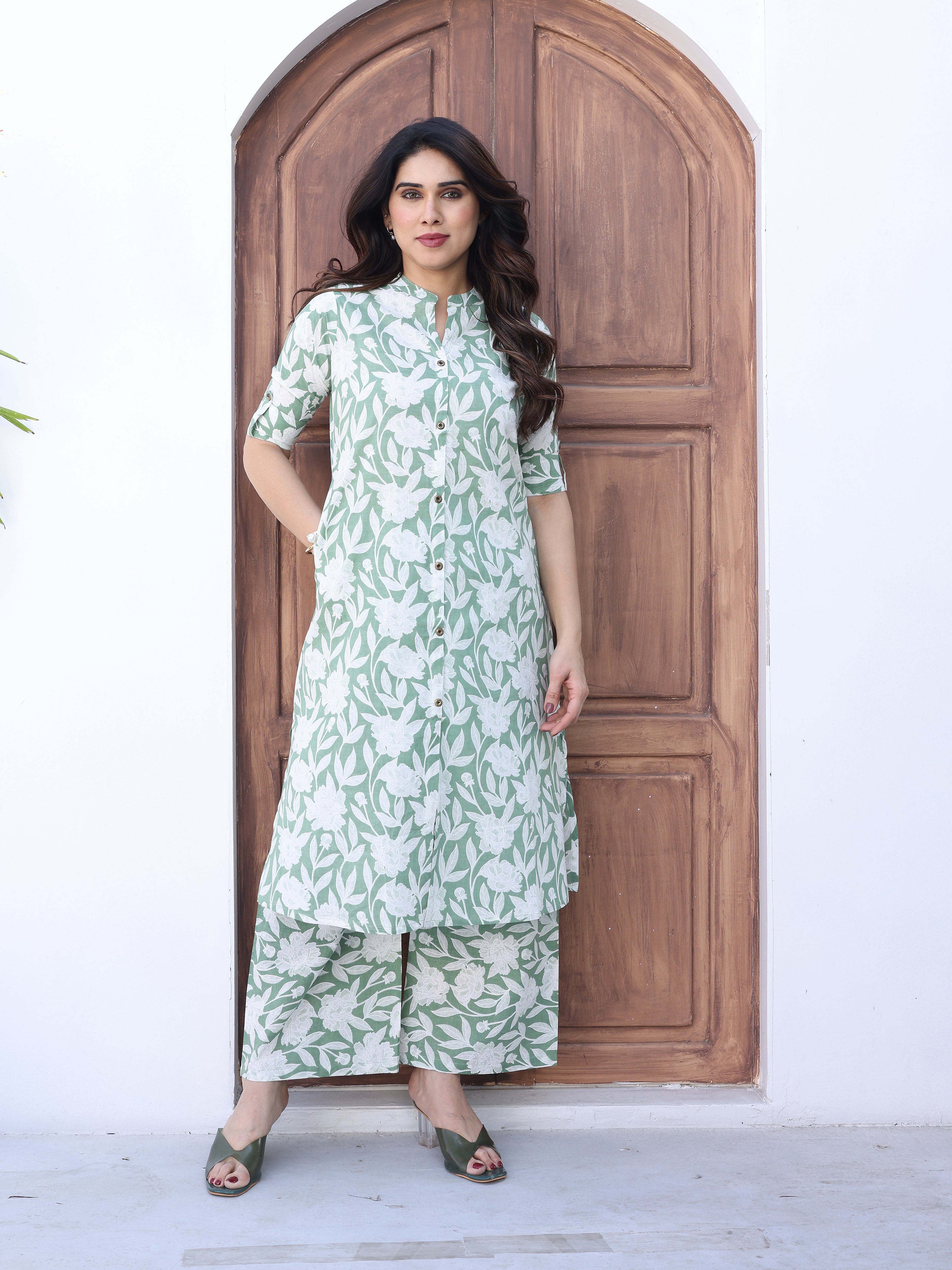 Cyan Green Ethnic Floral Printed Cotton Kurta Palazzo Set