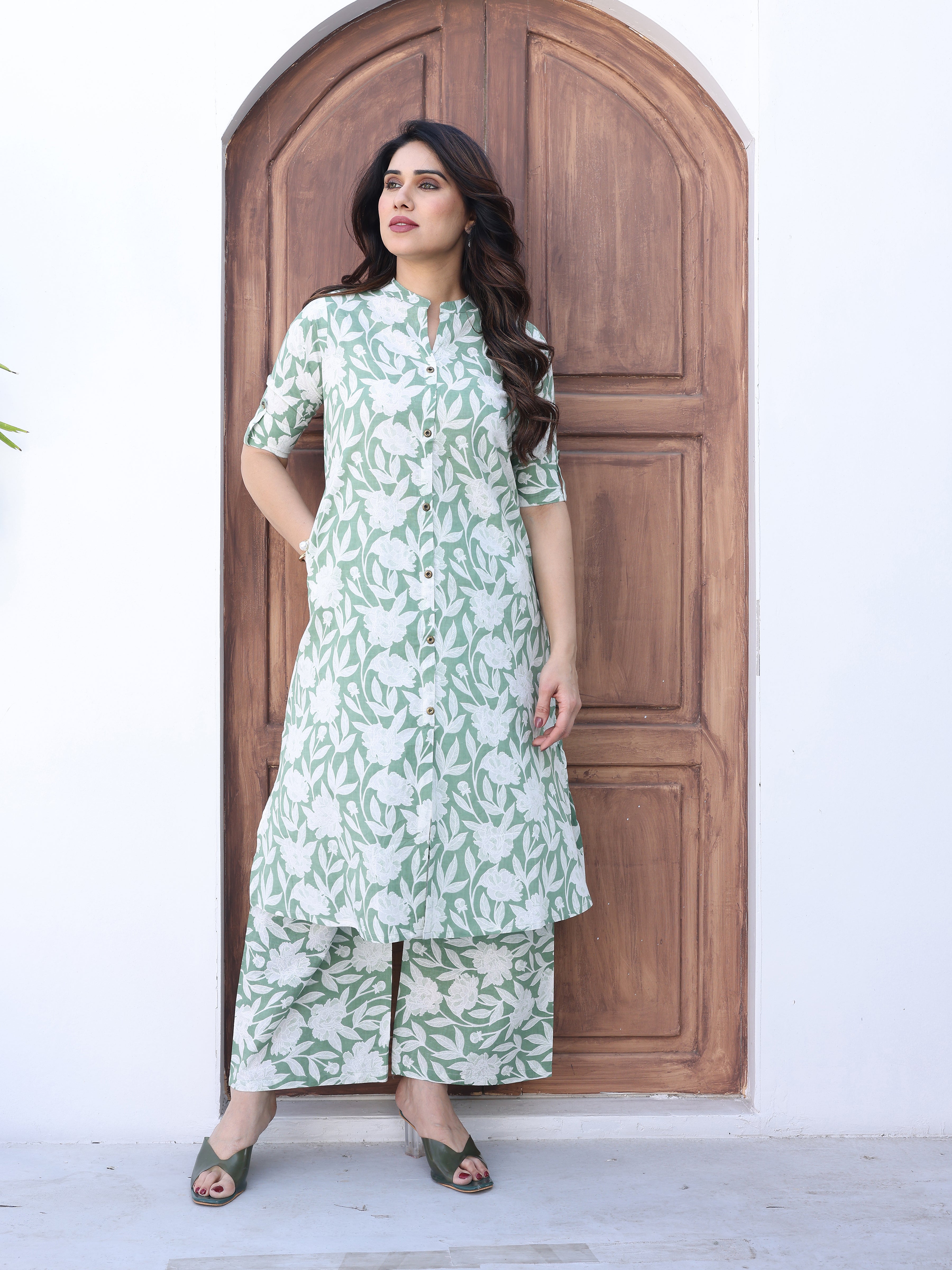 Cyan Green Ethnic Floral Printed Cotton Kurta Palazzo Set