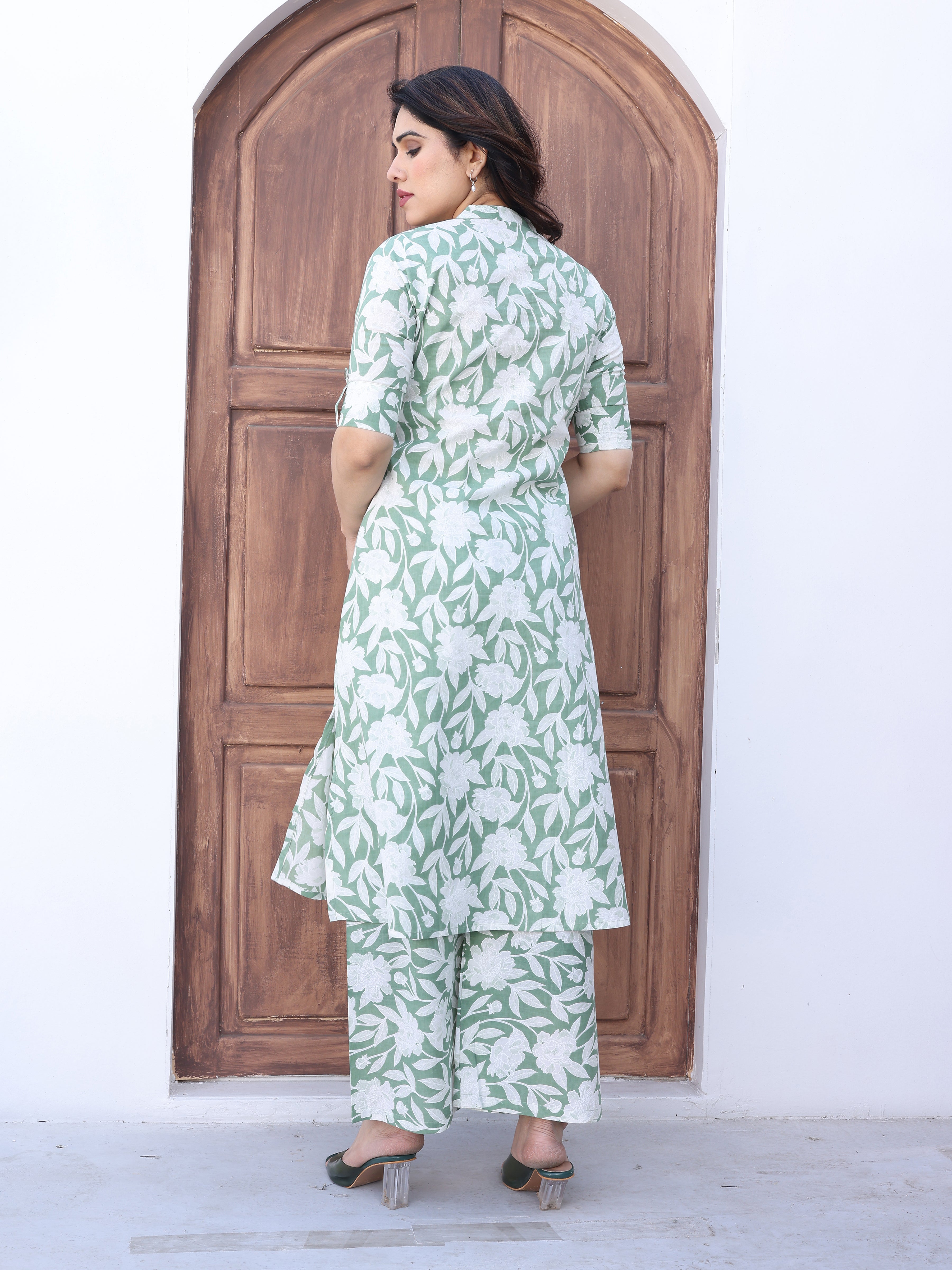 Cyan Green Ethnic Floral Printed Cotton Kurta Palazzo Set