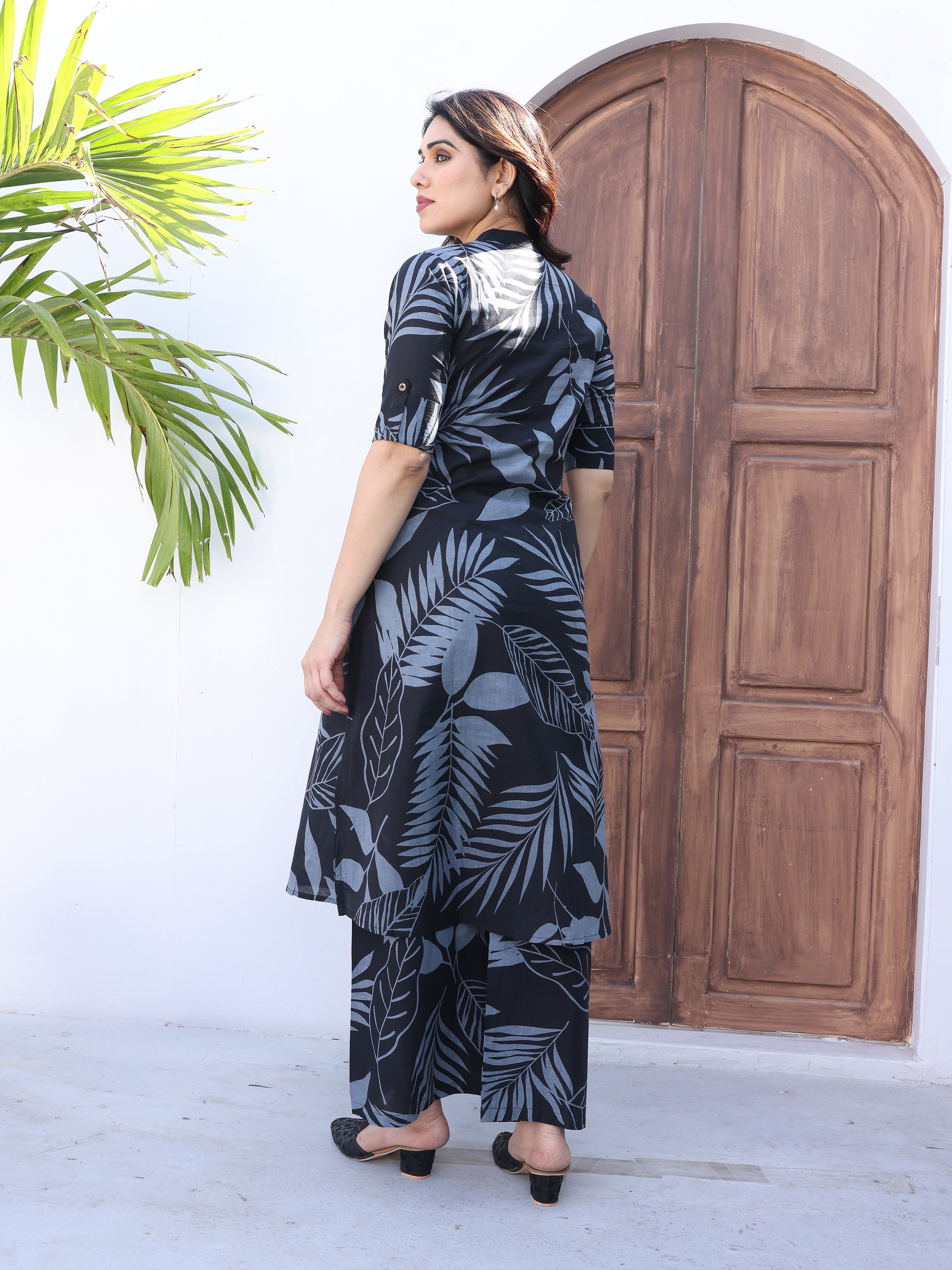 Navy Blue Ethnic Floral Printed Cotton Kurta Palazzo Set