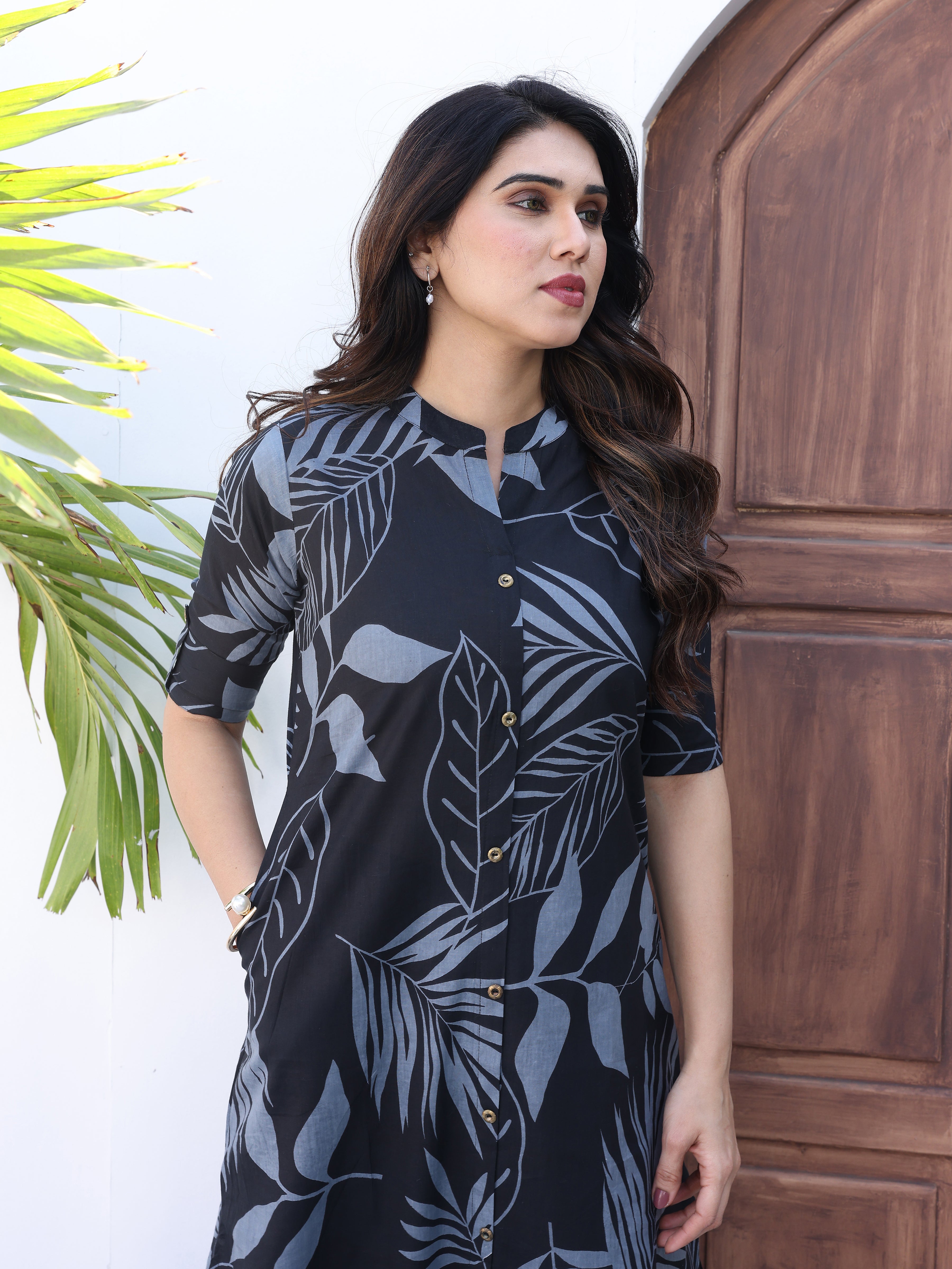 Navy Blue Ethnic Floral Printed Cotton Kurta Palazzo Set