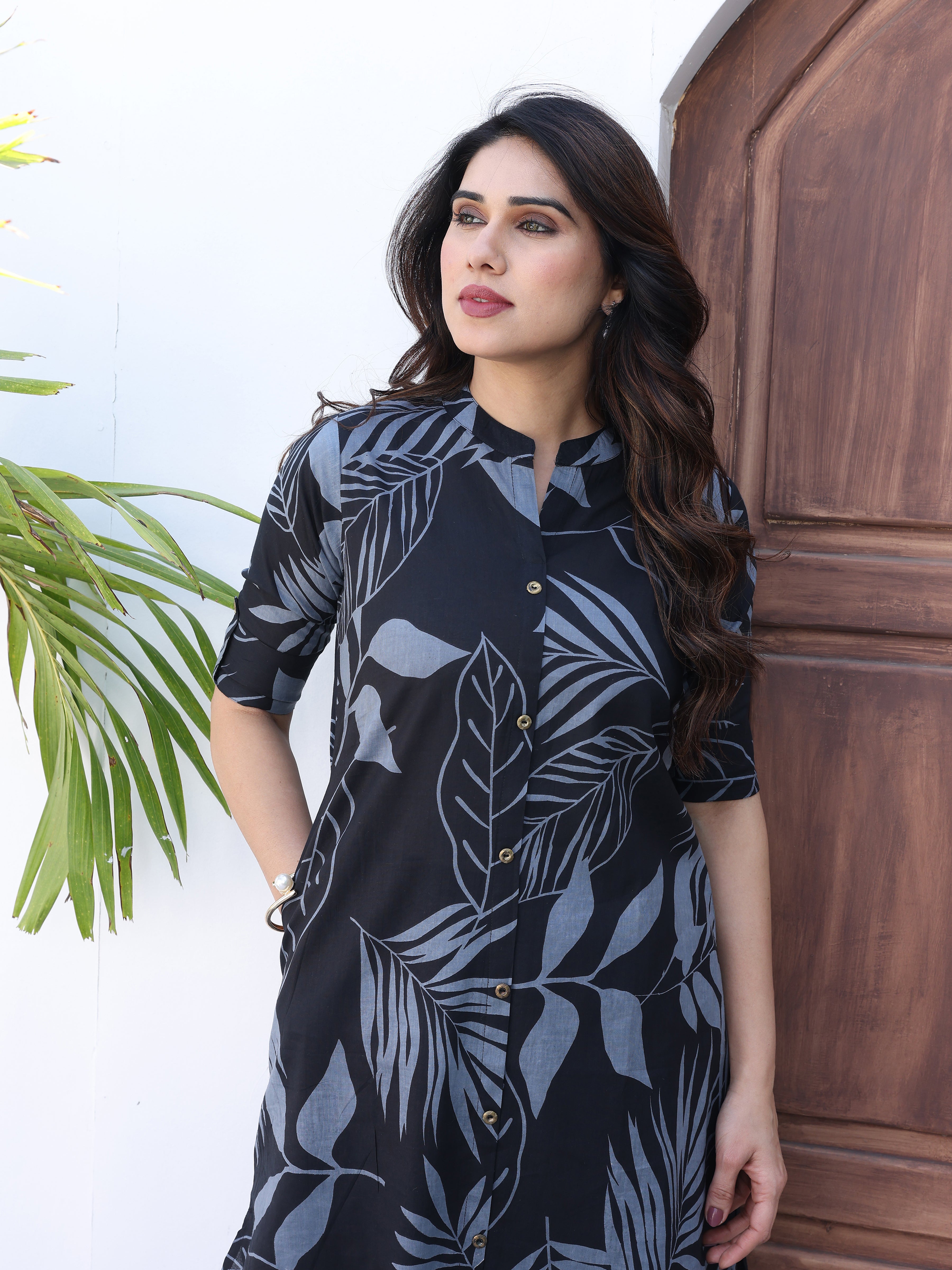 Navy Blue Ethnic Floral Printed Cotton Kurta Palazzo Set