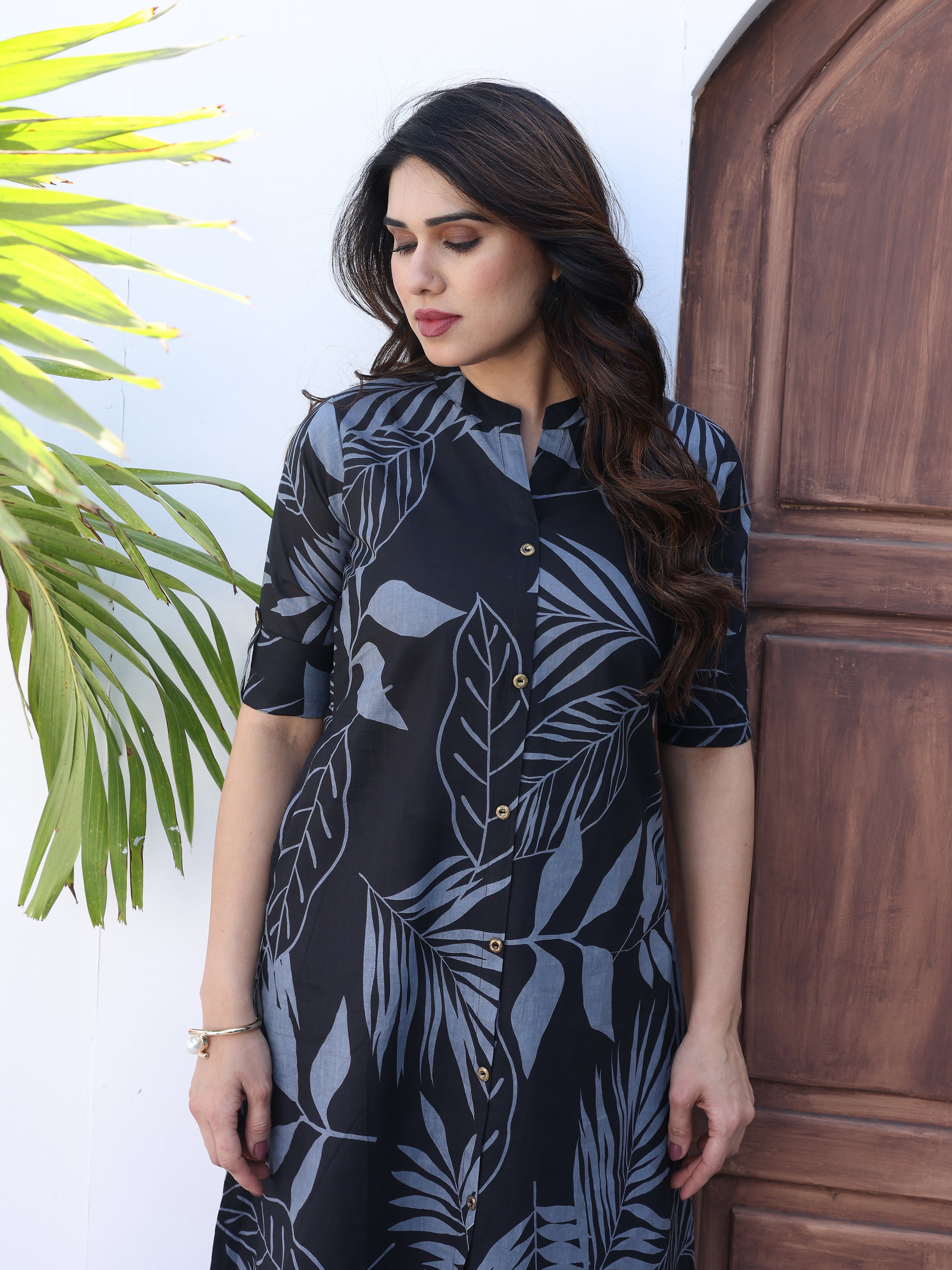 Navy Blue Ethnic Floral Printed Cotton Kurta Palazzo Set