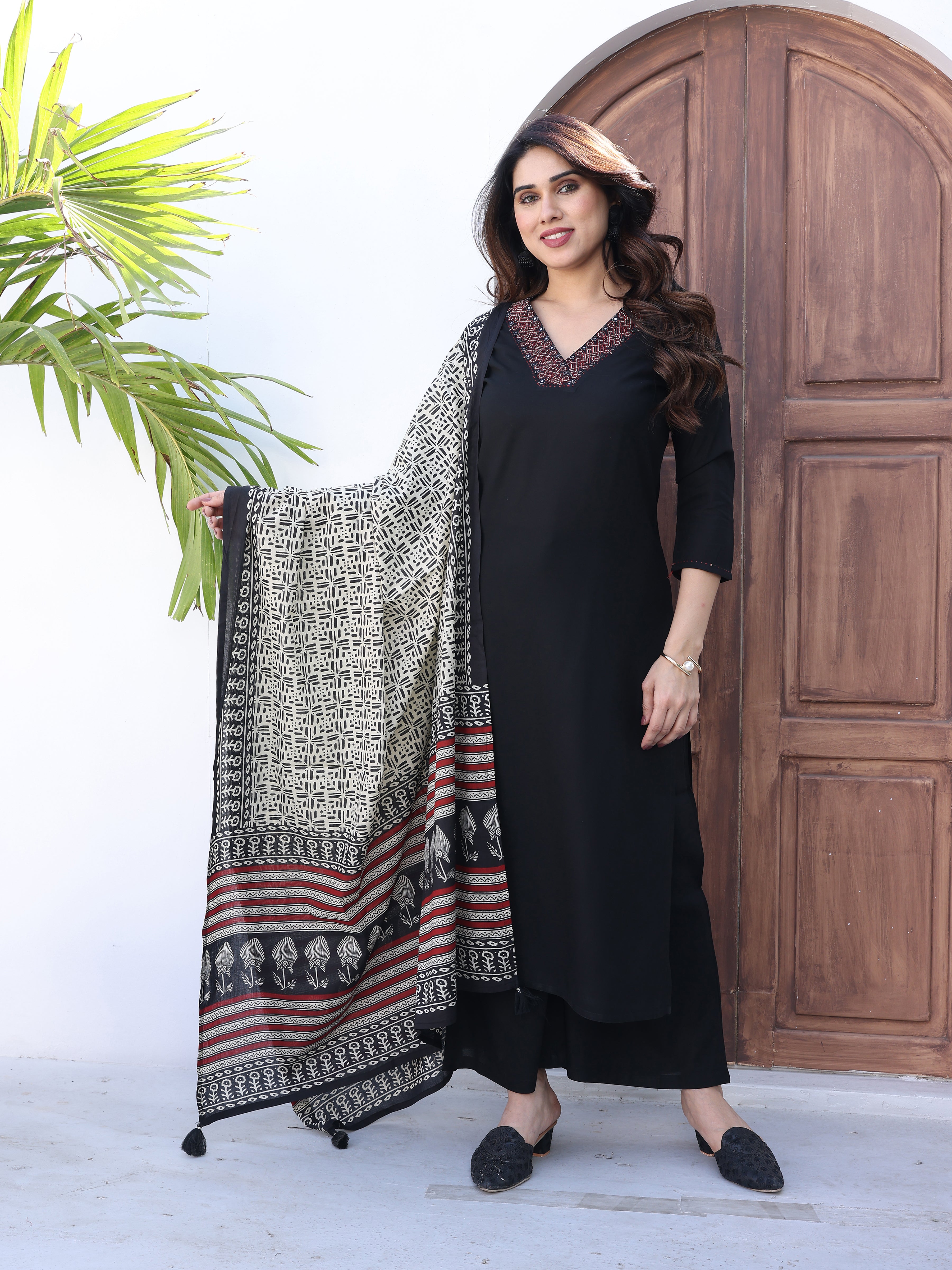 Elegant Black Kurta Palazzo Set with Ajrakh Print Dupatta