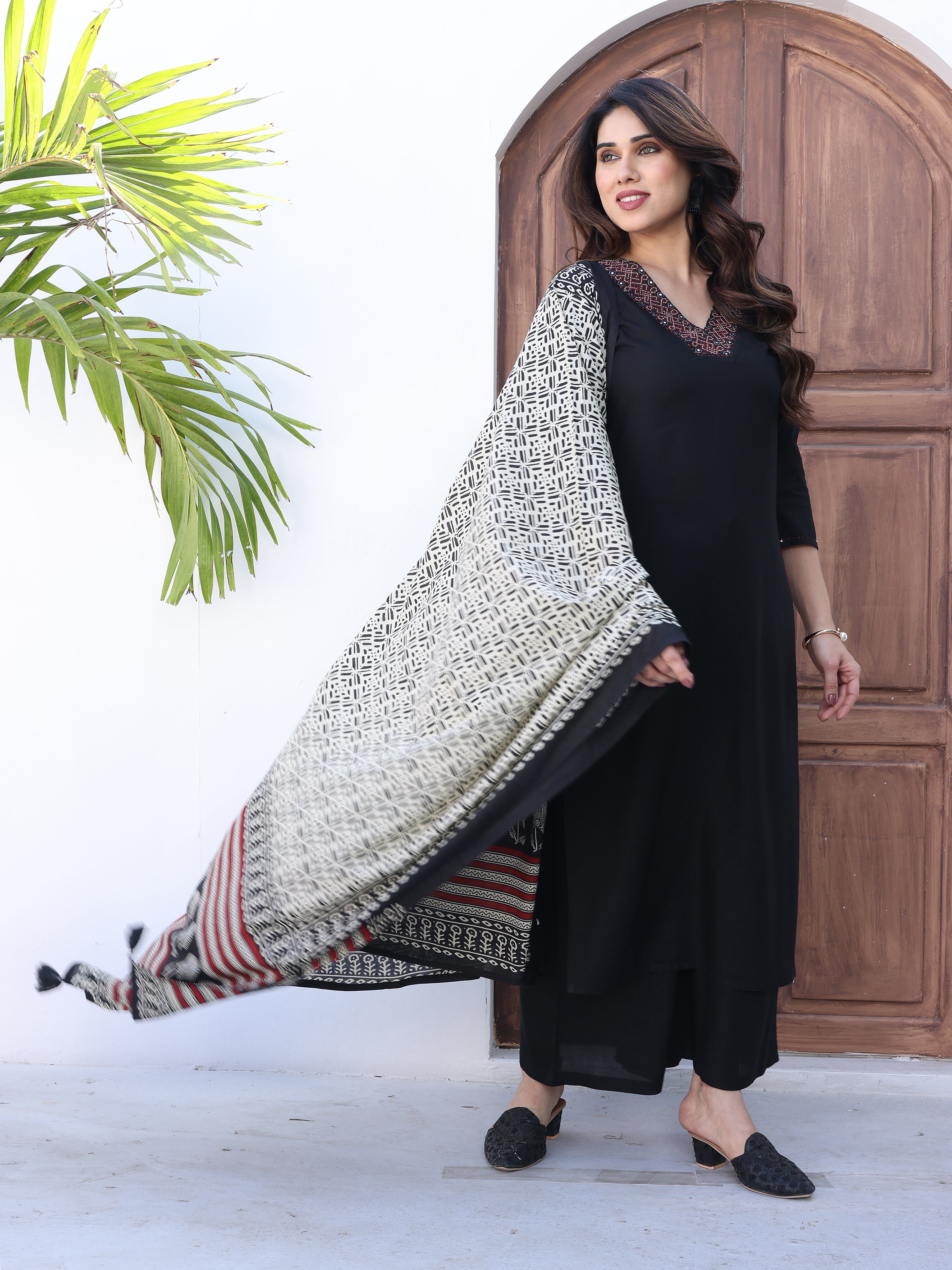 Elegant Black Kurta Palazzo Set with Ajrakh Print Dupatta