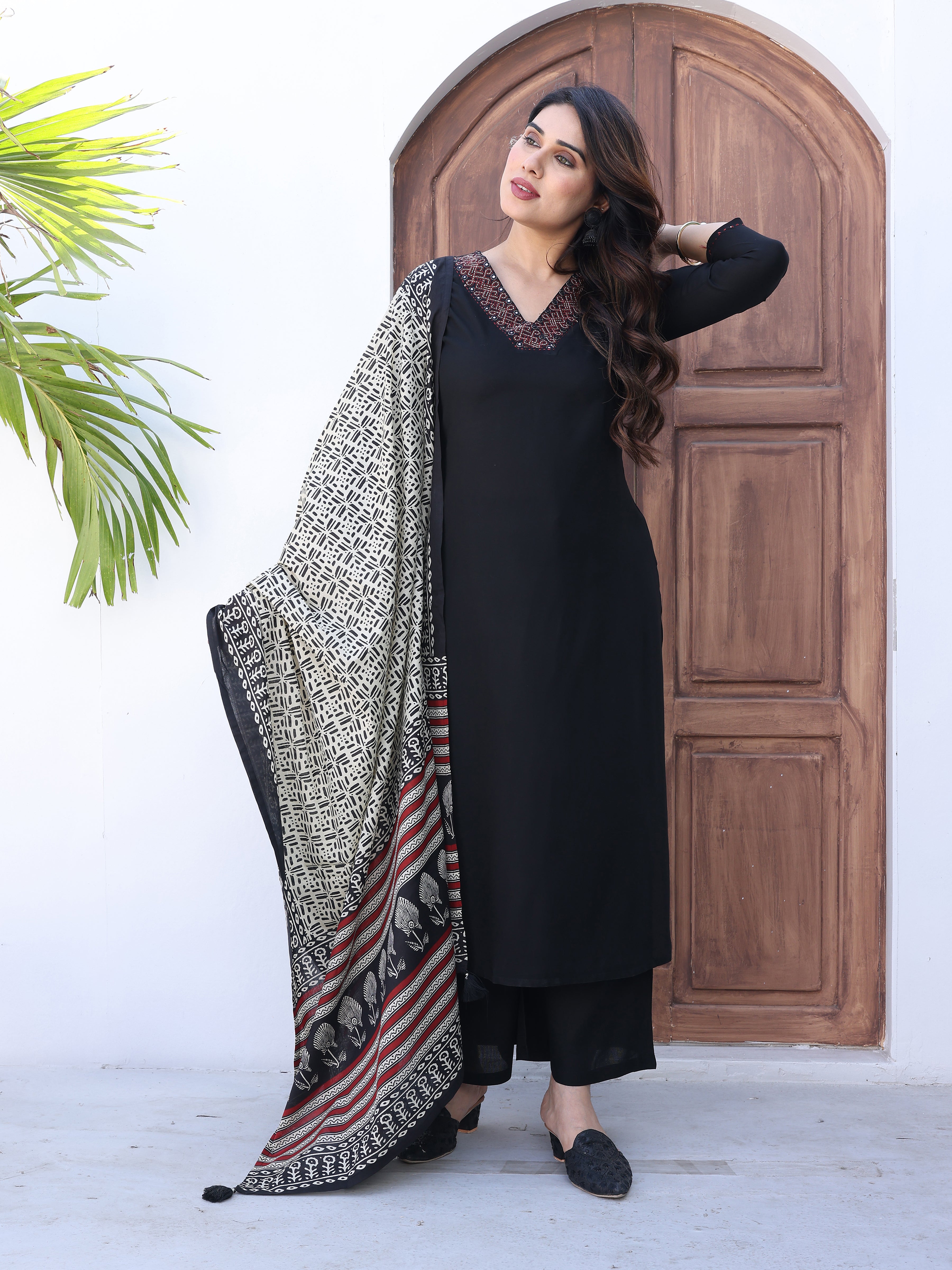 Elegant Black Kurta Palazzo Set with Ajrakh Print Dupatta