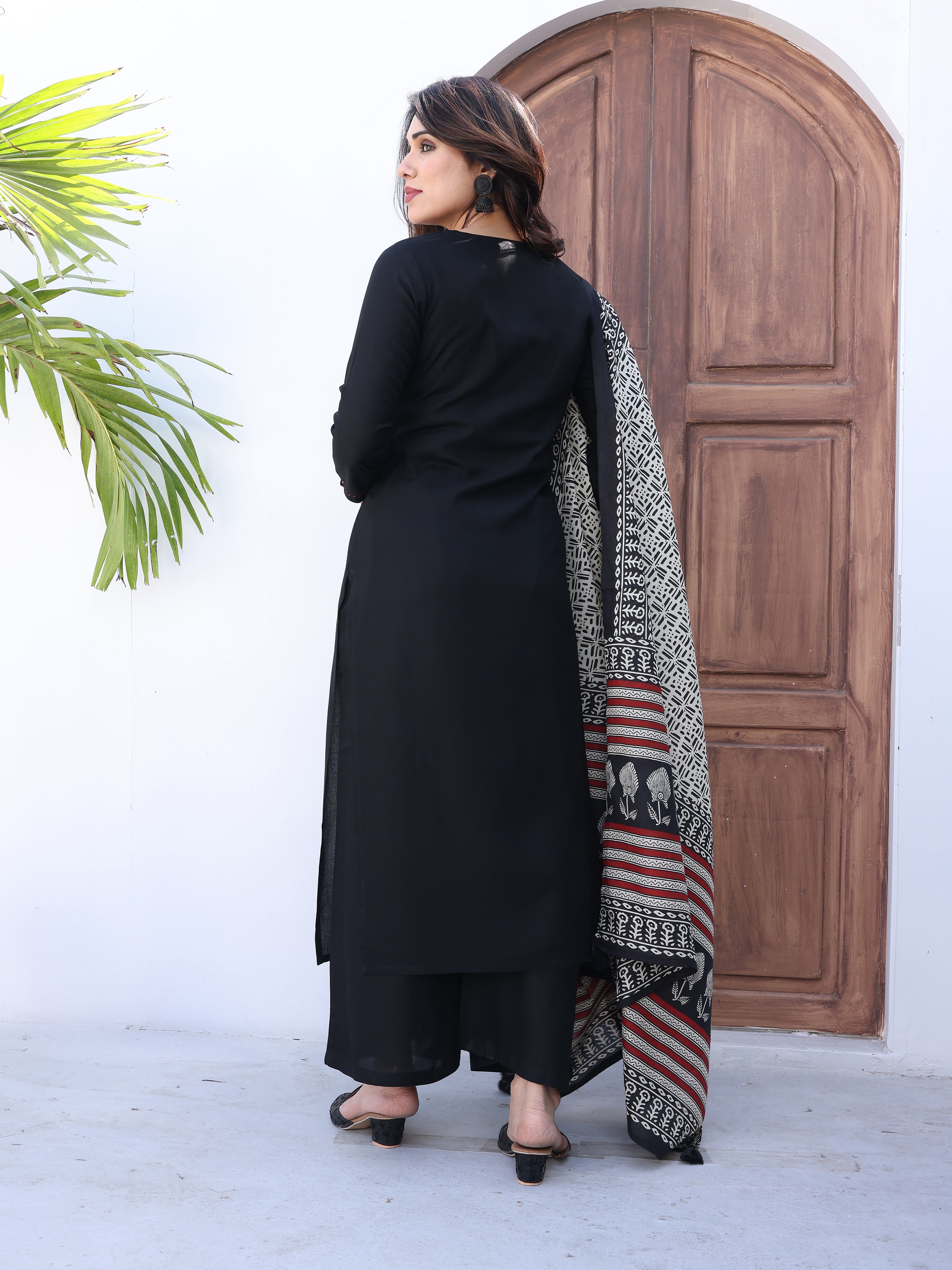 Elegant Black Kurta Palazzo Set with Ajrakh Print Dupatta