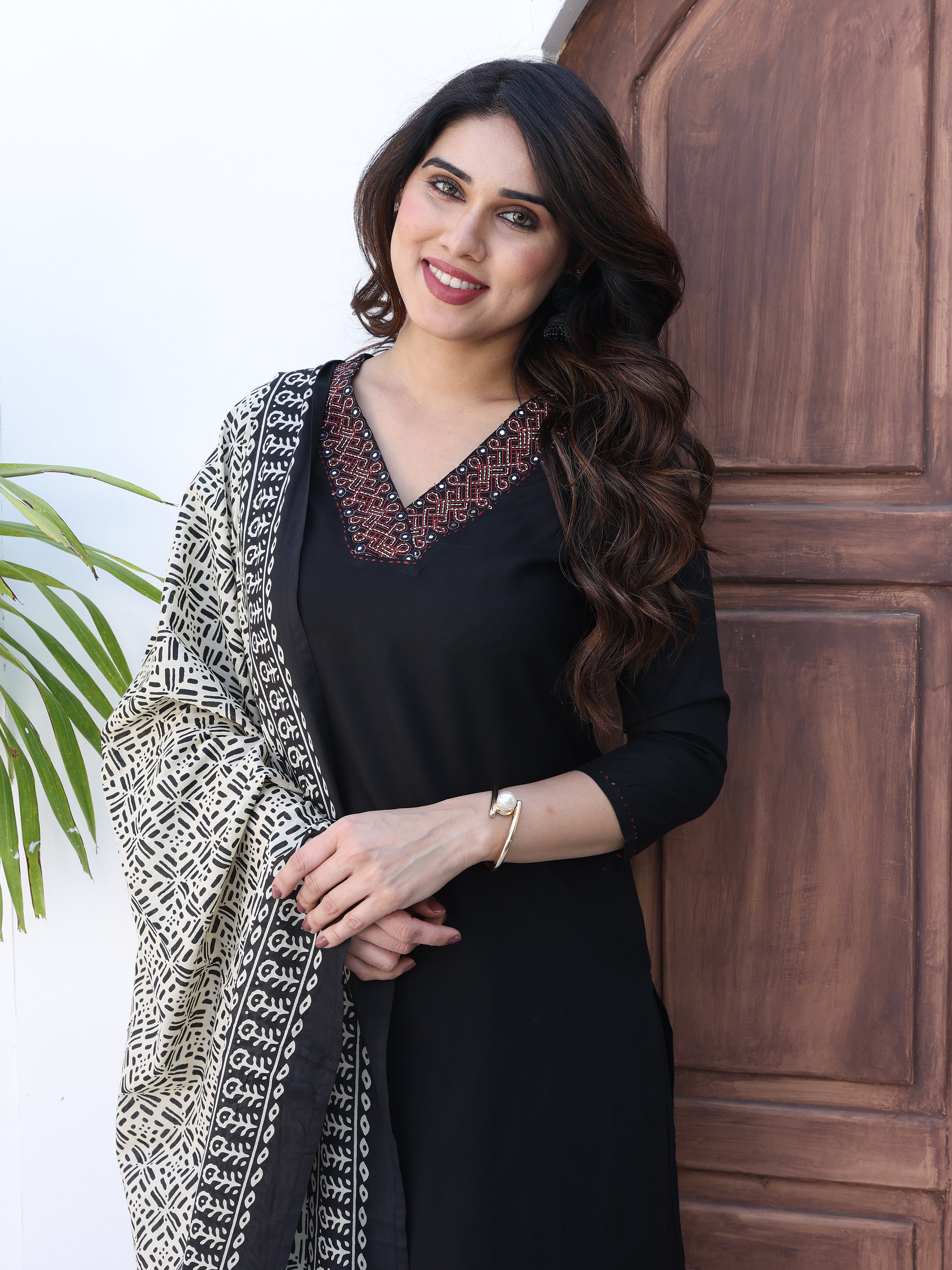 Elegant Black Kurta Palazzo Set with Ajrakh Print Dupatta