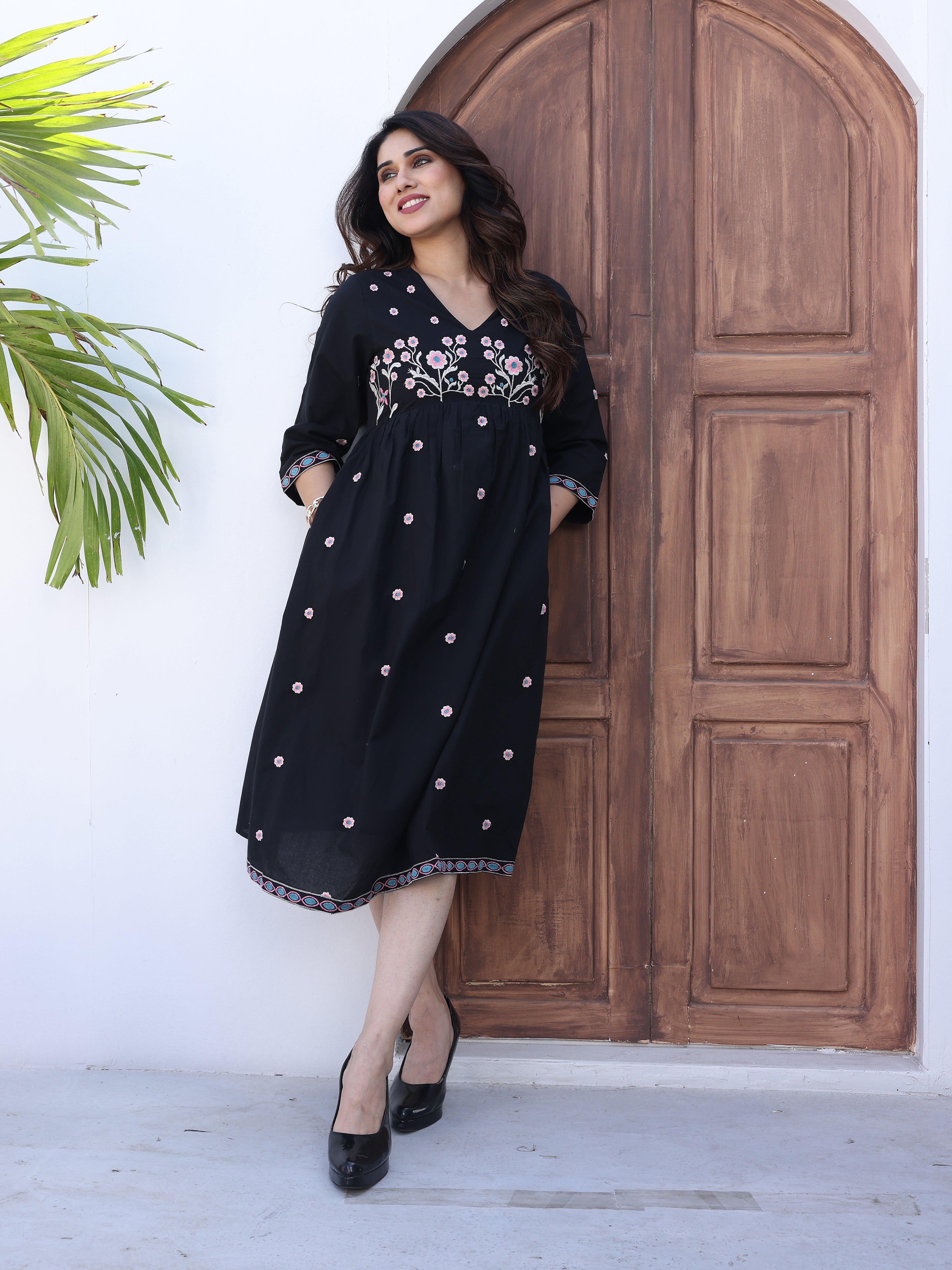 Black Floral Thread Work Embroidery Midi Dress
