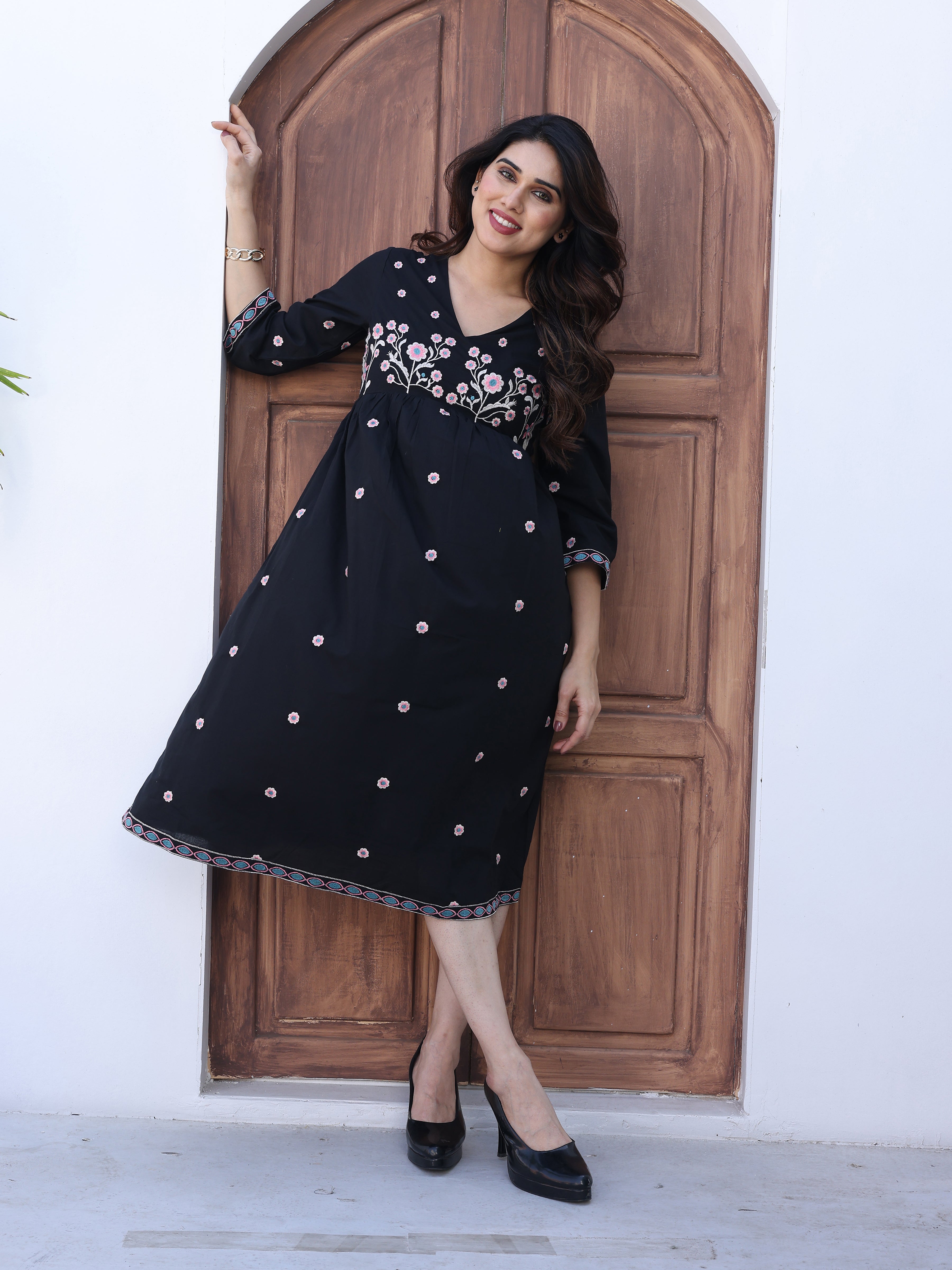 Black Floral Thread Work Embroidery Midi Dress