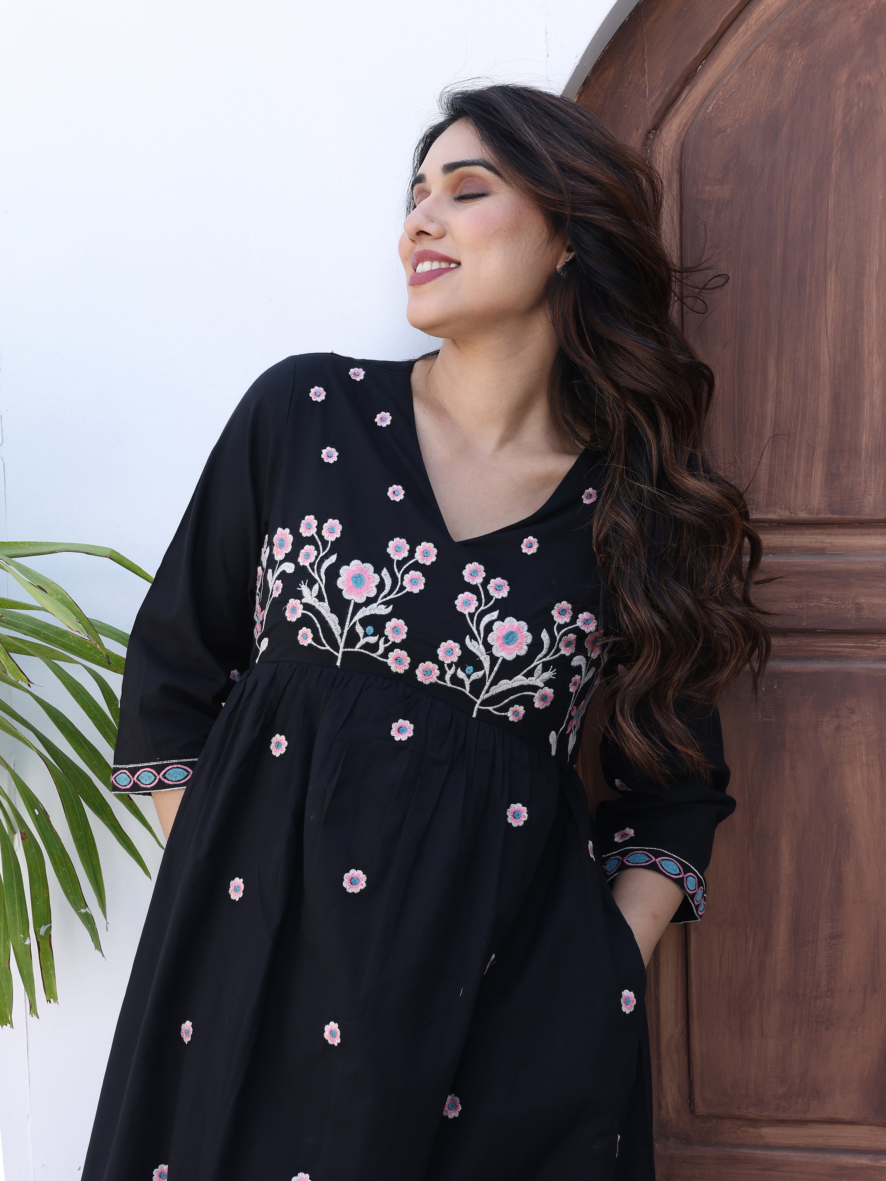 Black Floral Thread Work Embroidery Midi Dress