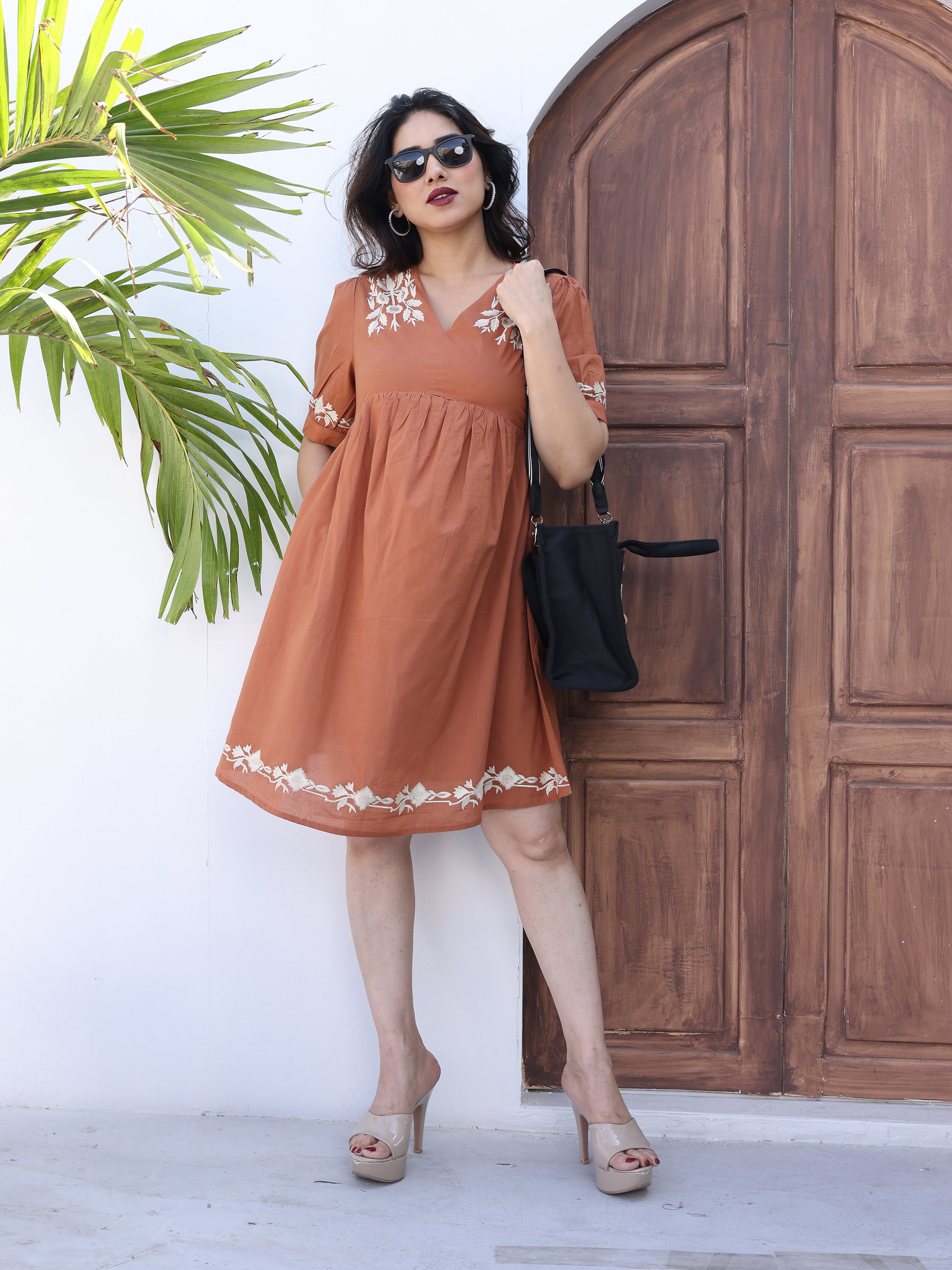 Brown Floral Ethnic Embroidered Midi Dress