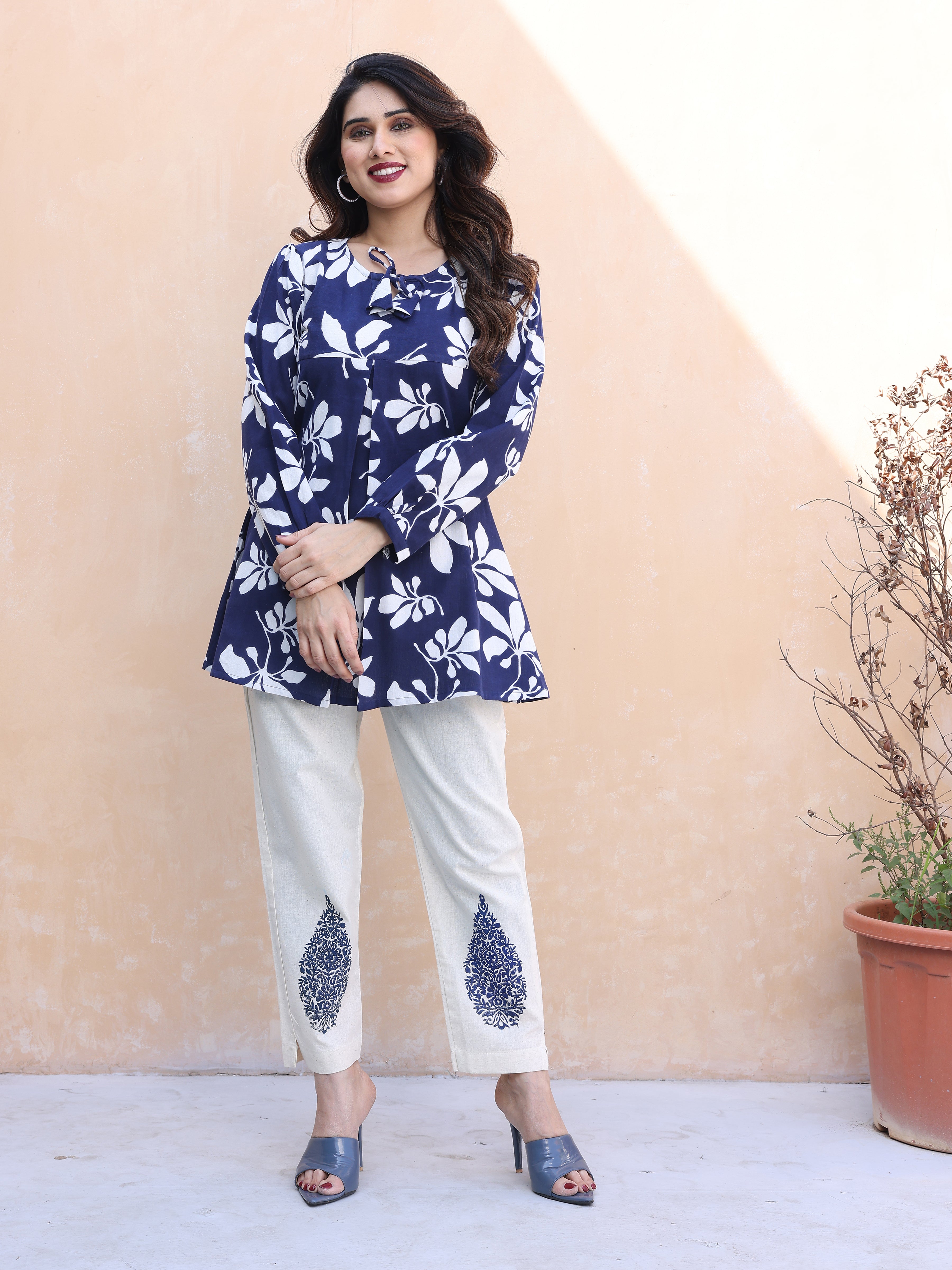 Navy Blue Floral Printed Cotton Co-ords Set