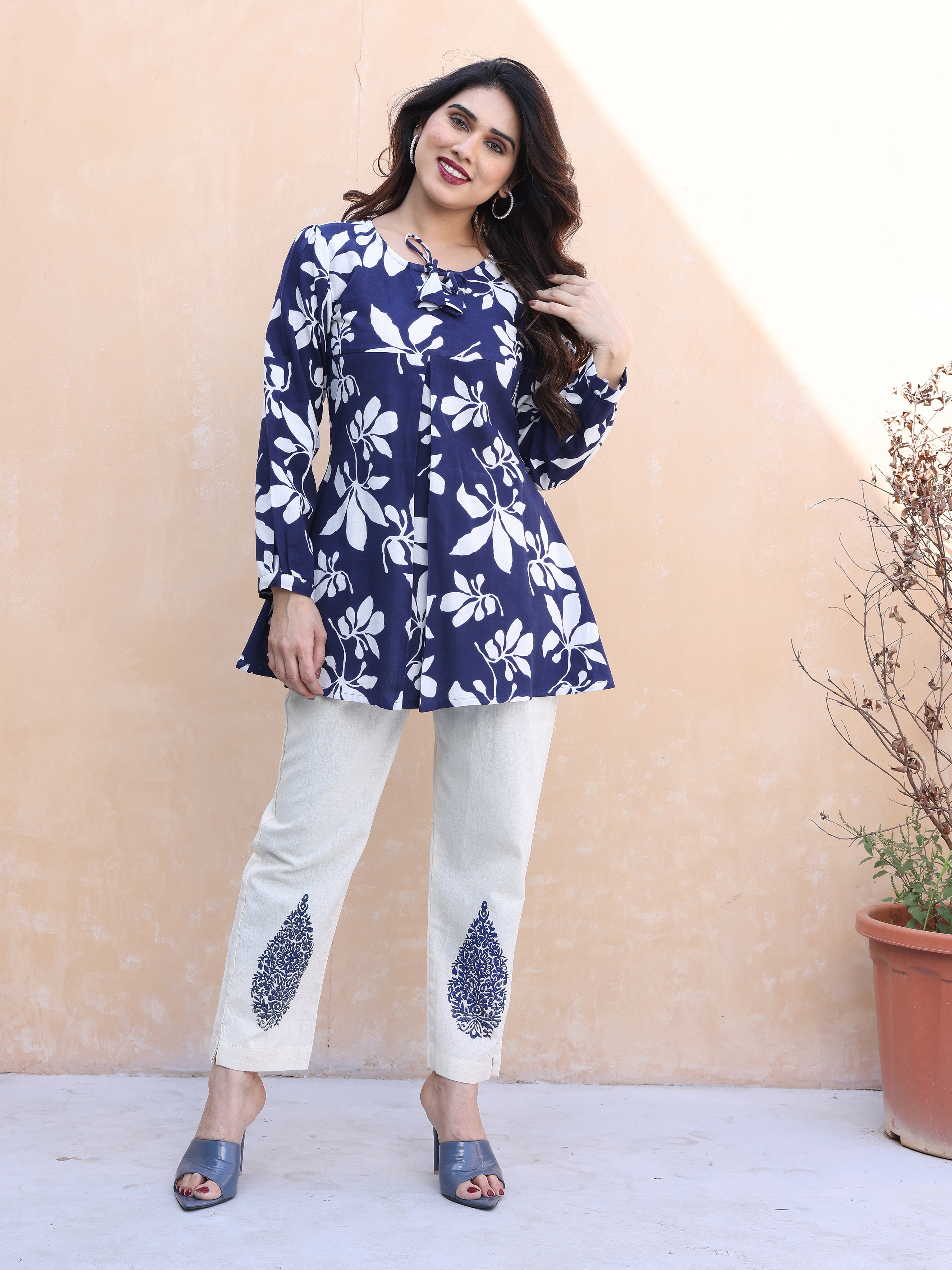 Navy Blue Floral Printed Cotton Co-ords Set