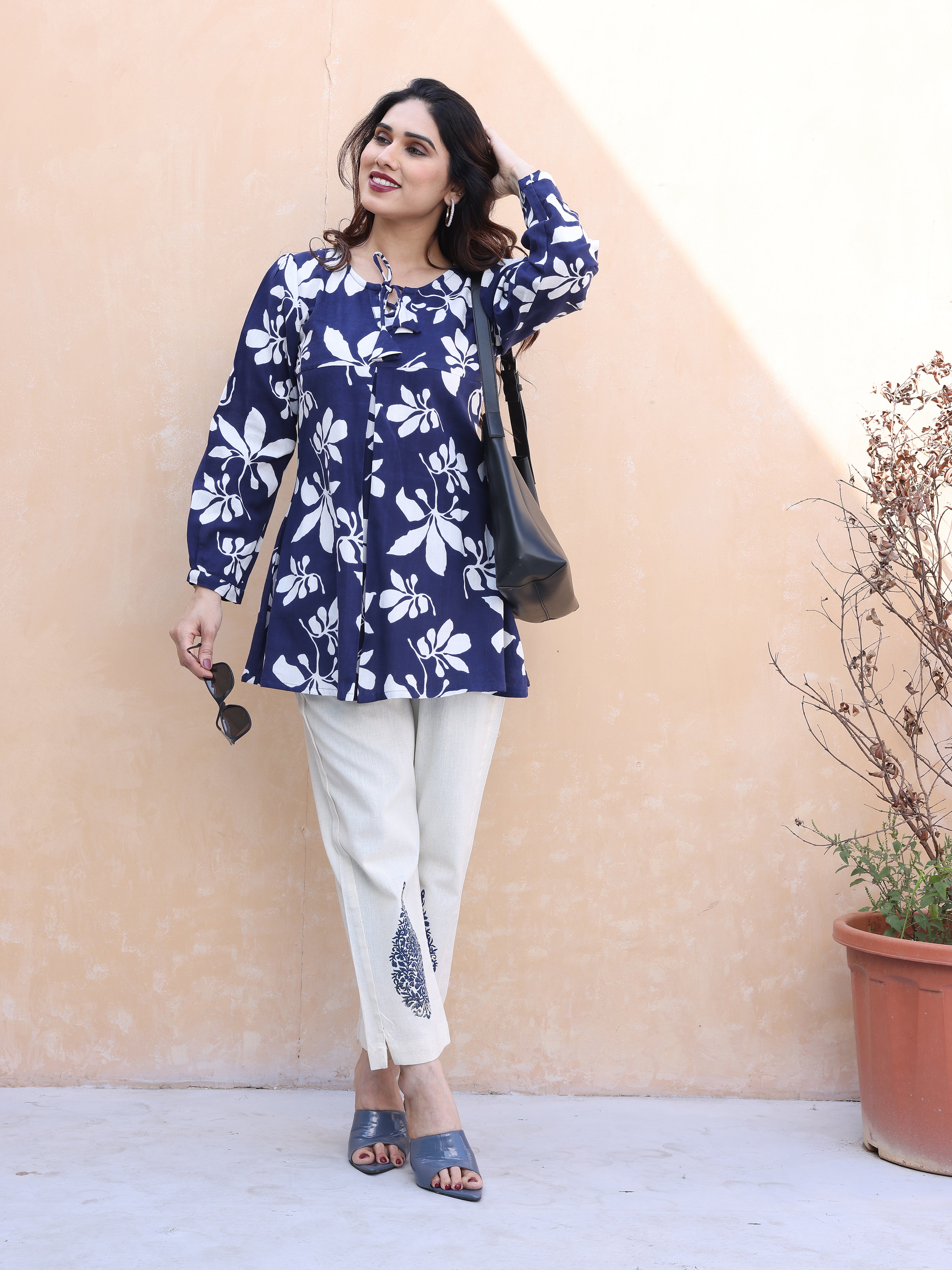 Navy Blue Floral Printed Cotton Co-ords Set