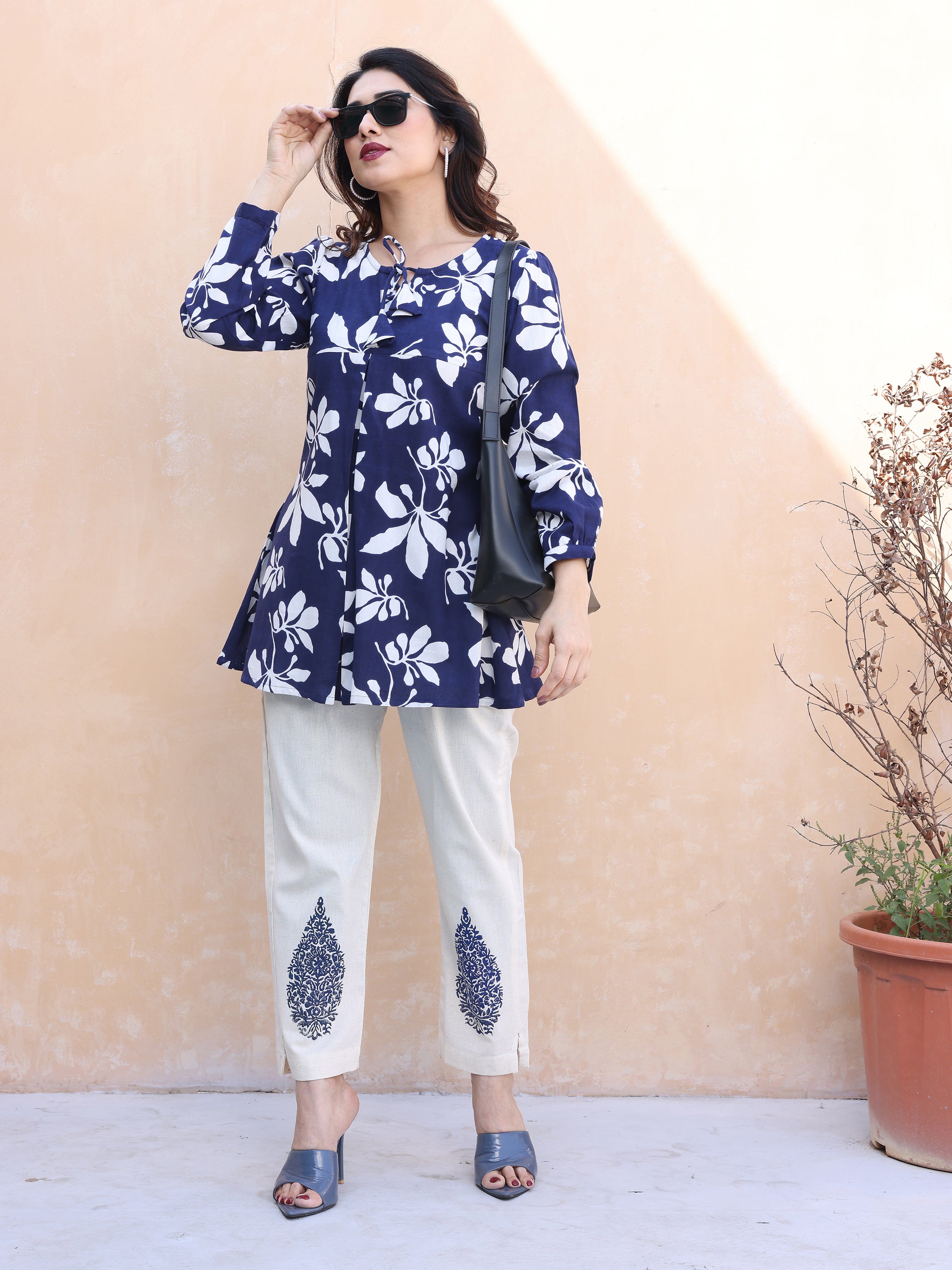Navy Blue Floral Printed Cotton Co-ords Set