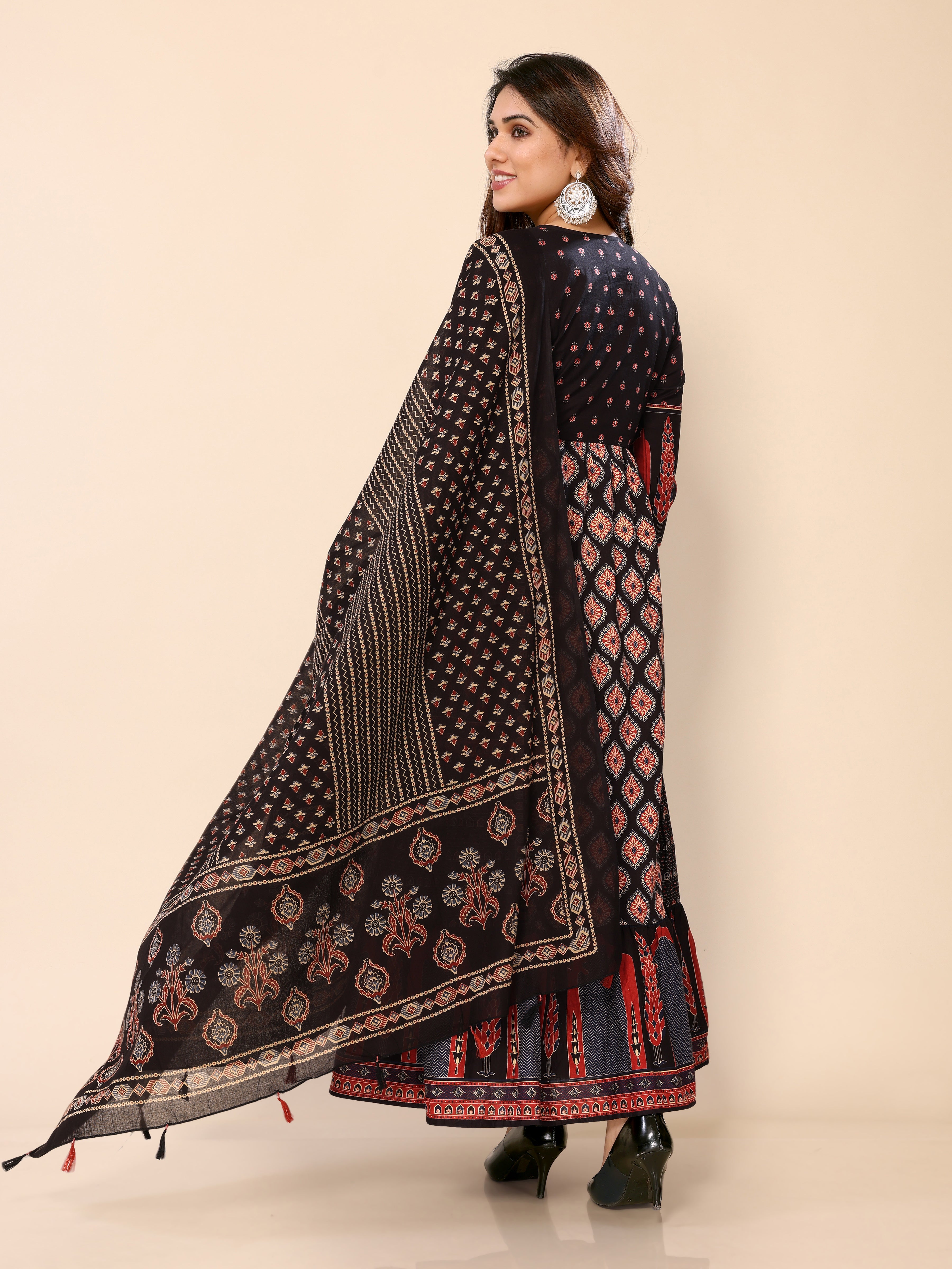 Black Long Flared Printed Kurta Pant & Dupatta Set