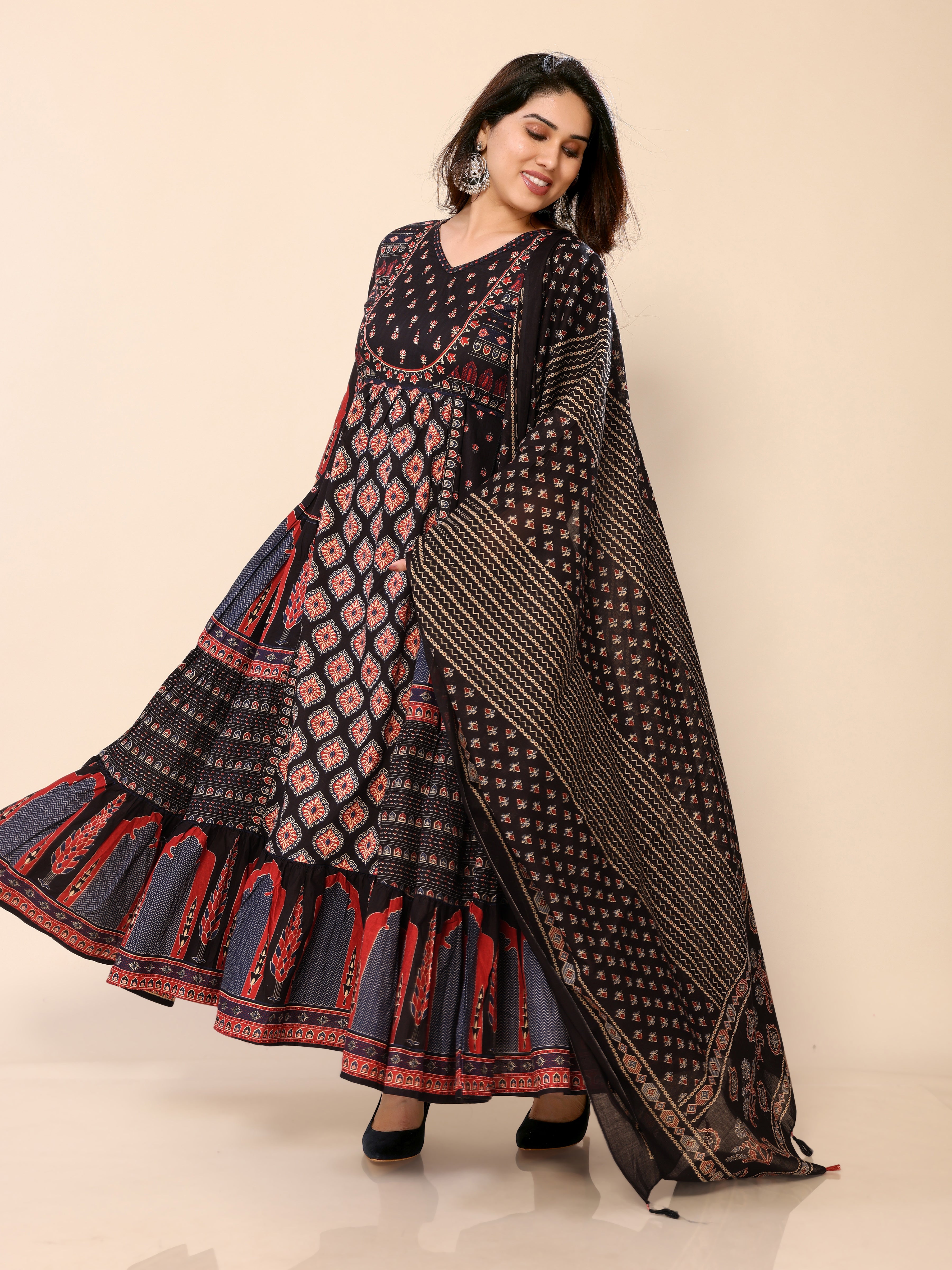 Black Long Flared Printed Kurta Pant & Dupatta Set
