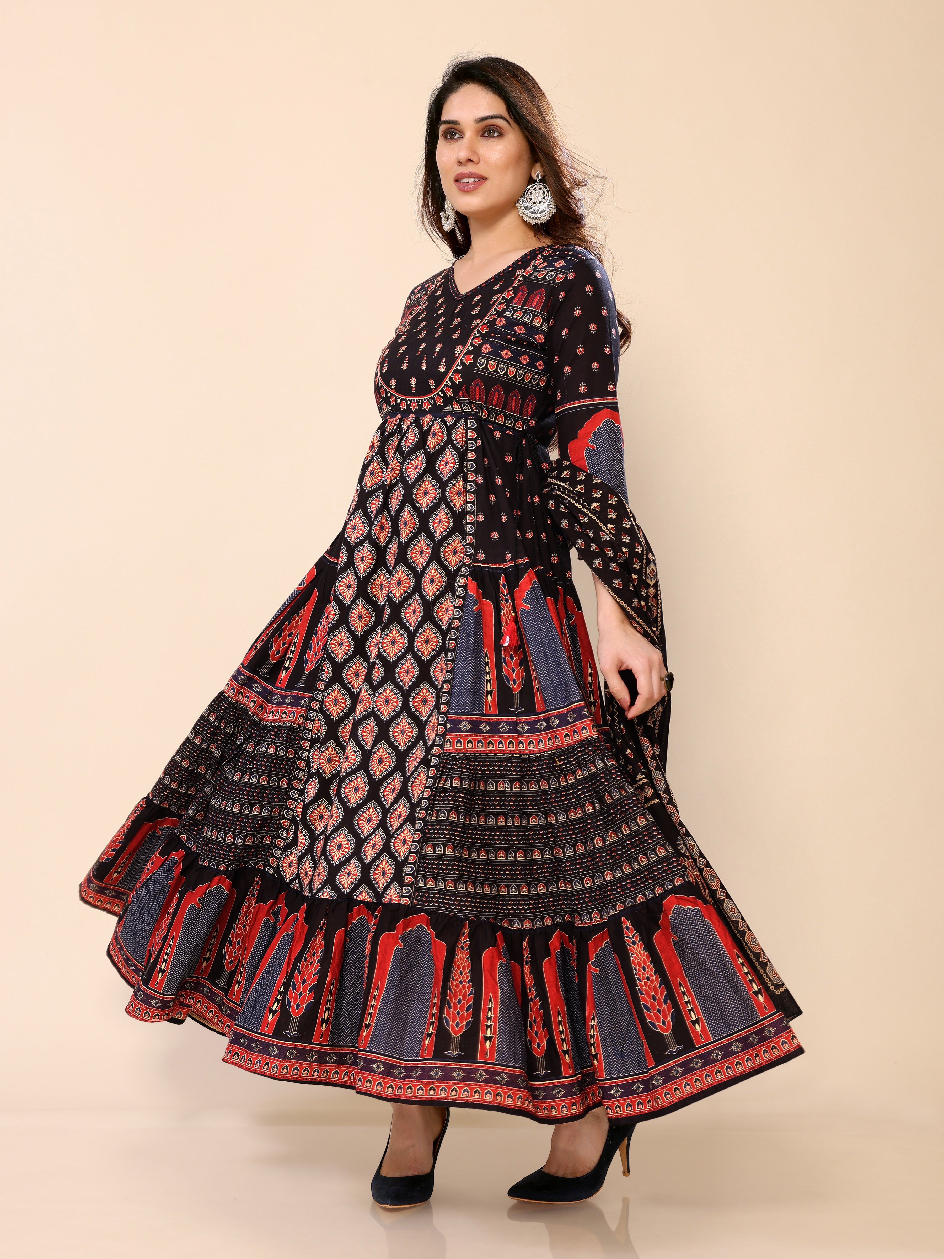 Black Long Flared Printed Kurta Pant & Dupatta Set
