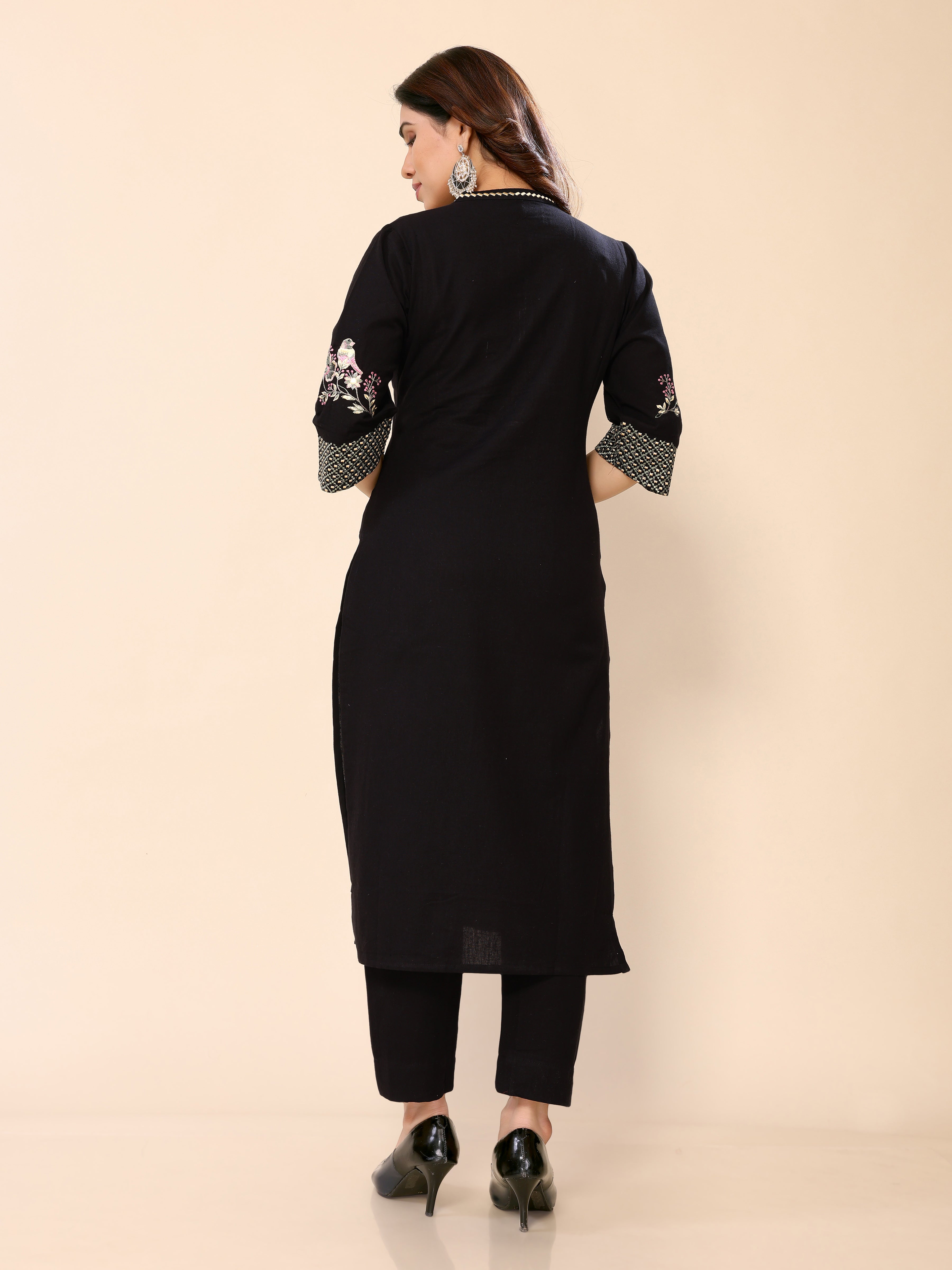 Cotton Black Floral Embroidered Thread Work Black Kurta with Trousers