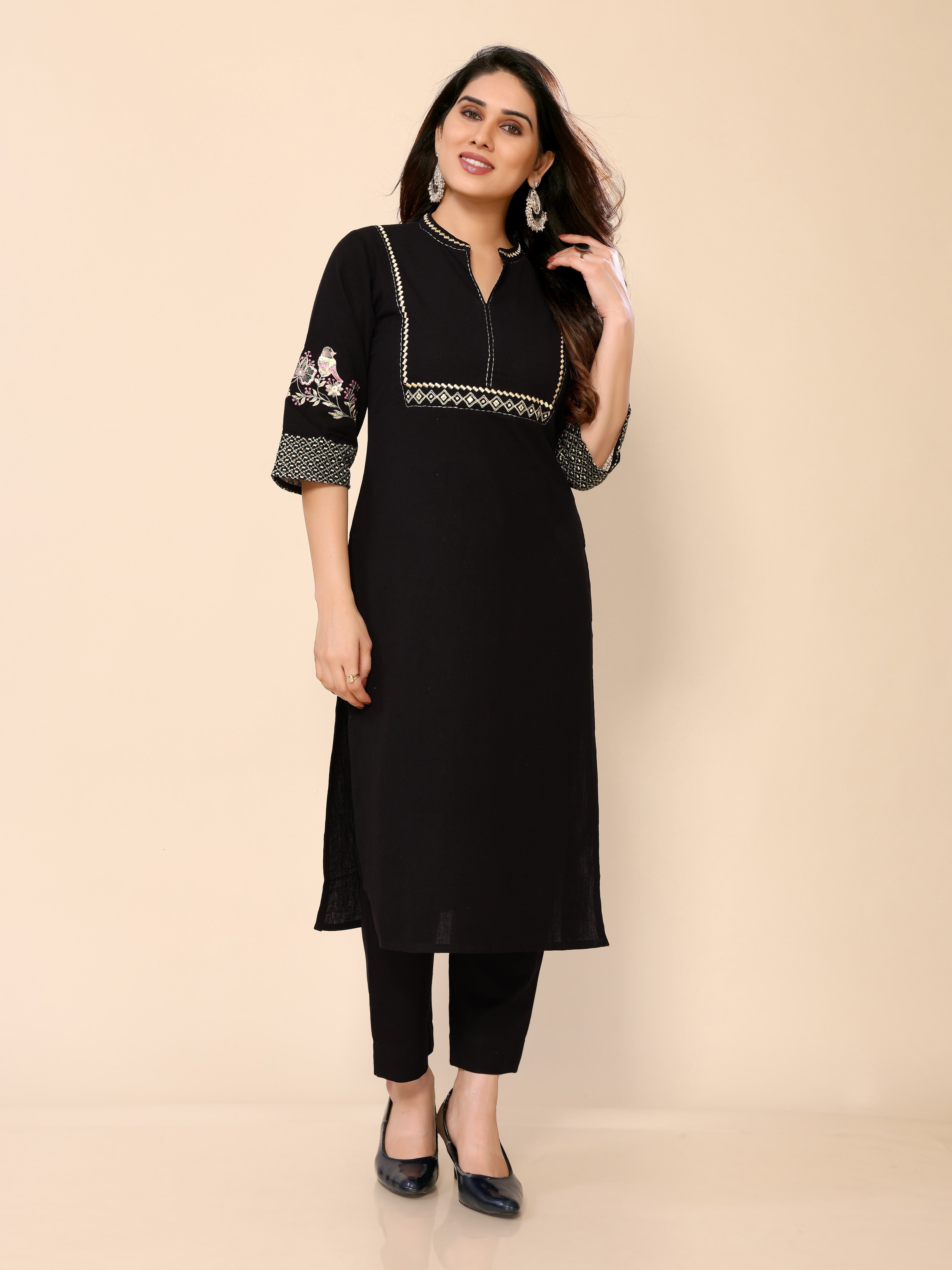 Cotton Black Floral Embroidered Thread Work Black Kurta with Trousers
