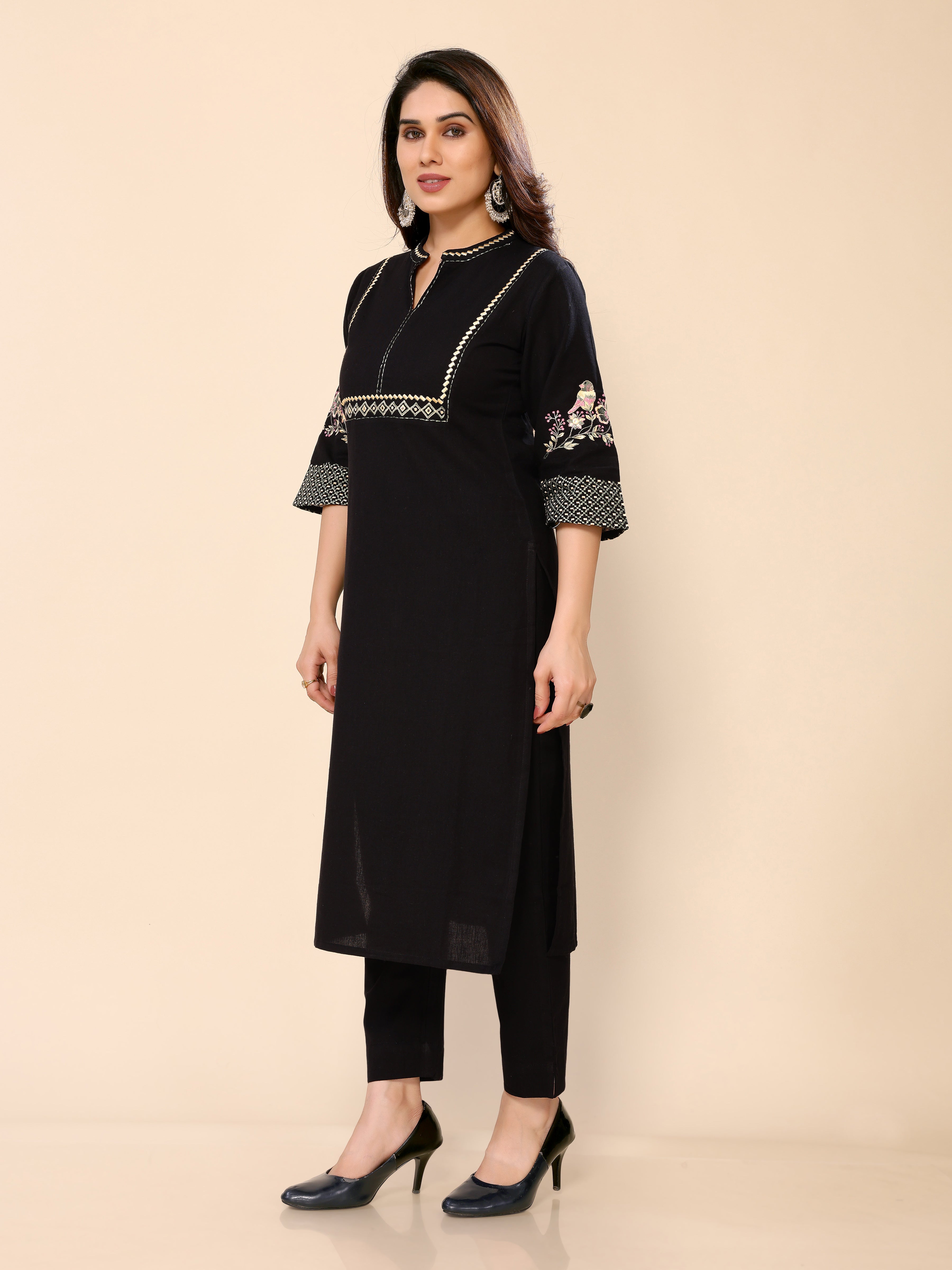 Cotton Black Floral Embroidered Thread Work Black Kurta with Trousers