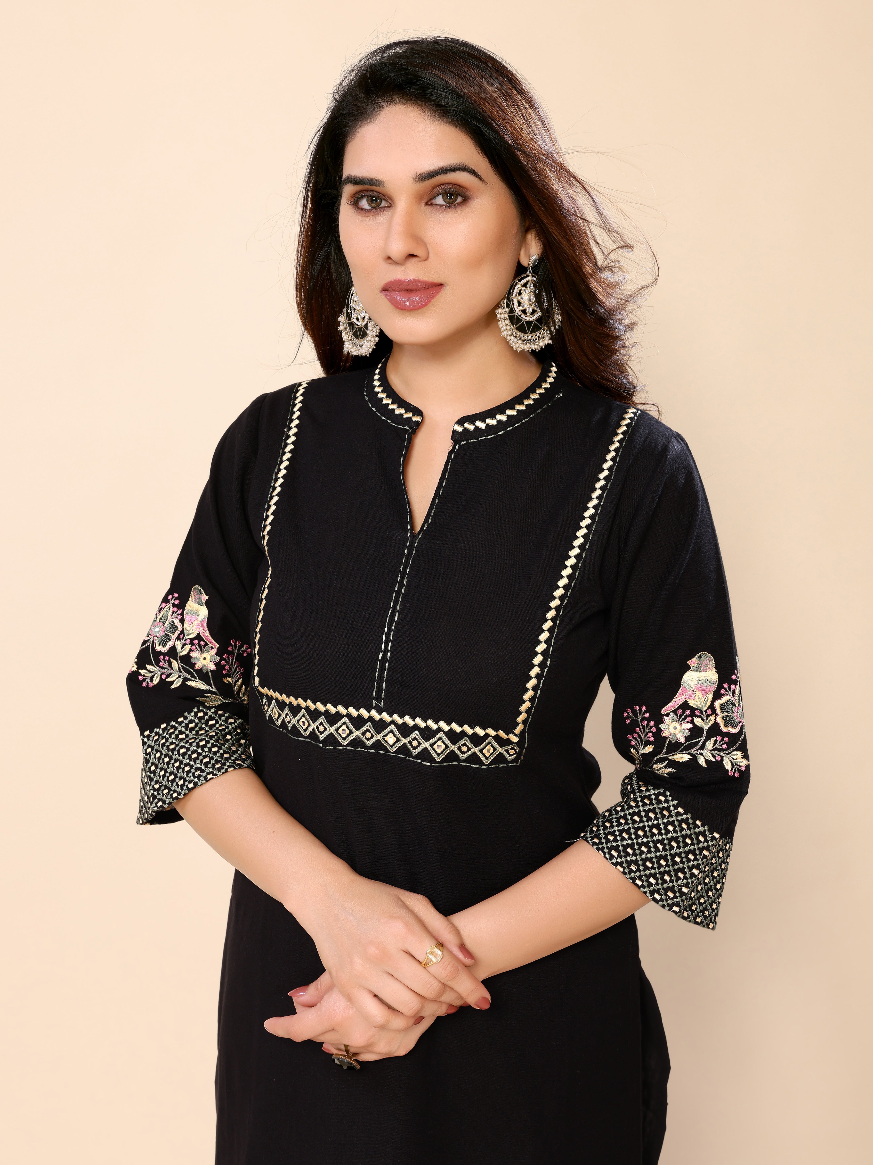 Cotton Black Floral Embroidered Thread Work Black Kurta with Trousers