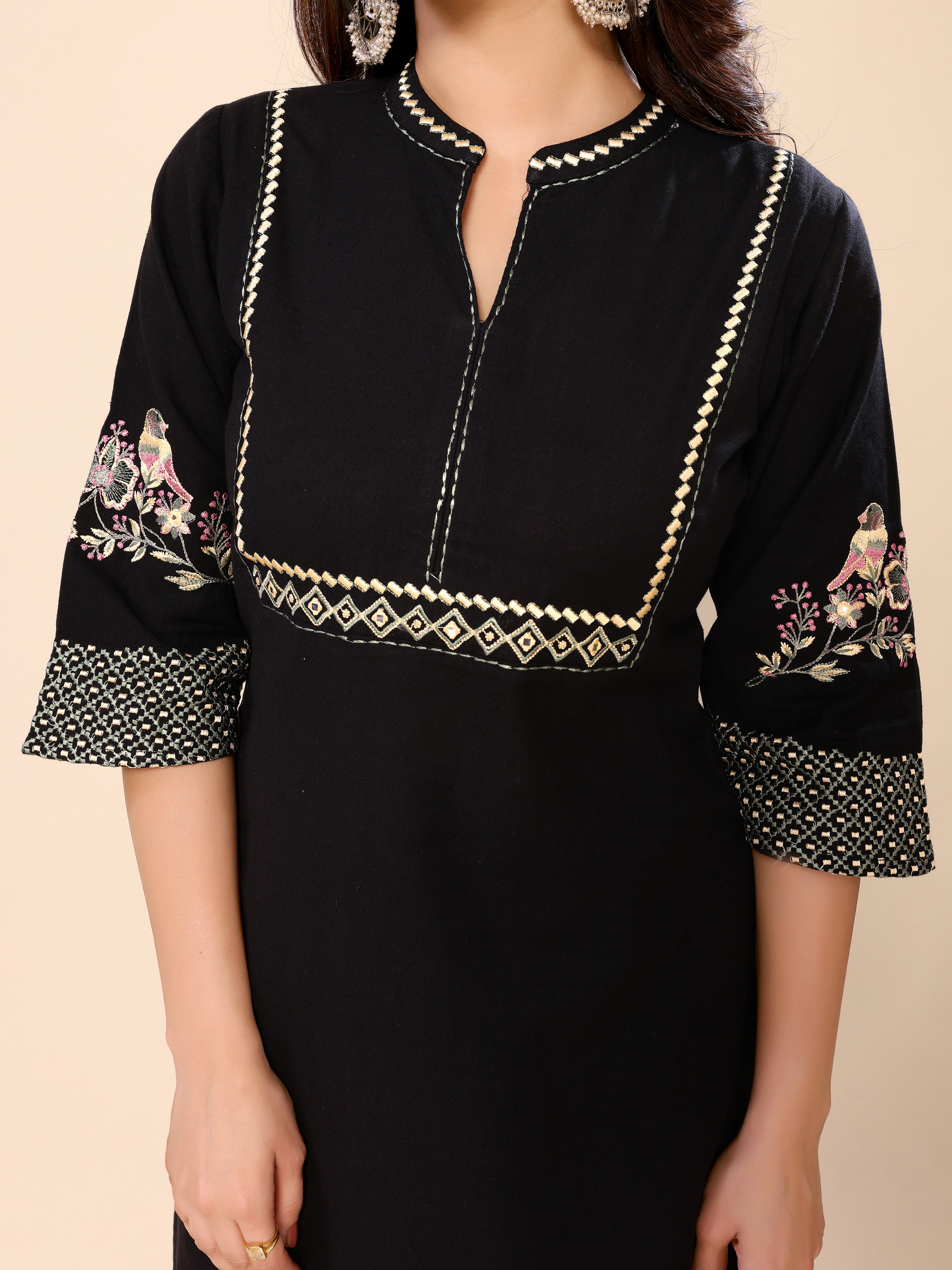 Cotton Black Floral Embroidered Thread Work Black Kurta with Trousers