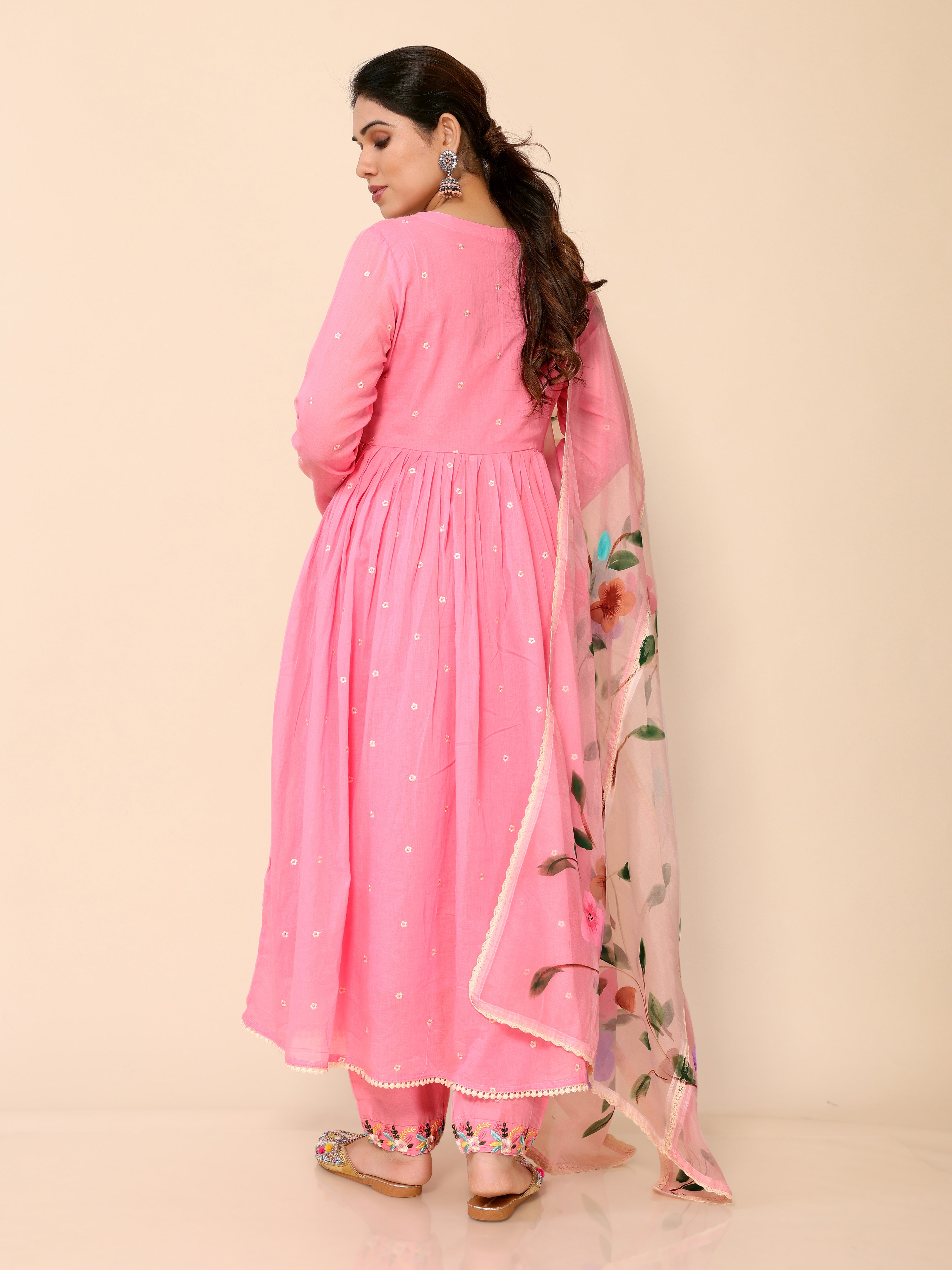 Pink Flared Floral Embroidery Printed Kurta Pant & Dupatta Set